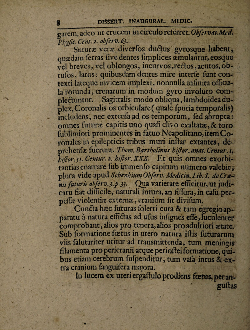 garem,adeo ut crucem in circulo referret. ObfervatMed. Vhyfic. Cent. z. obferv. 63. ■ Sutura: verae diverfos du&us gyrosque habent, quaedam Terras five dentes fimplices a:mulantur, eosque vel breves,,vel oblongos, incurvos,rectos,acutos,ob- tufos, latos: quibusdam dentes mire interfe funt con¬ texti lateque invicem implexi, nonnulla infinita officu- la rotunda, crenarum in modum gyro involuto com- pleftuntur. Sagittalis modo obliqua, lambdoidea du¬ plex, Coronalis os orbiculare (quale fpuria temporalis) includens, nec extenfaad os temporum, fed abrupta: omnes future capitis uno quafi clivo exaltatae,& toro fublimiori prominentes in fatuo Neapolitano, item Co¬ ronales in epilepticis tribus muri inftar extantes, de- prehcnfx fuerunt. Thom. Bartholinus hiflor. attat. Centur. i, biflor.51. Centur.2. hi/lor. XXX. Et quis omnes exorbi- tantias enarrare fub immenfo capitum numero valebit ; plura vide apud Schenktum Obferv. Medicin. I.ih. 7. de Cra¬ nii futuris ohferv.j.p.jj. Qua varietate efficitur, ut judi¬ catu fiat difficile, naturali lutura, an fiffura,in cafu per- peffie violentiae externae, cranium fit divifum. Cunela haec luturas folerti cura & tam egregio ap¬ paratu a natura cffiflas ad ufus infignes cfle, luculenter comprobant,alios pro tenera,alios proadultiori aetate. Sub formatione fetus in utero natura iftis futurarum viis falutariter utitur ad transmittenda, tum meningis filamenta pro pericranii atque perioftei formatione, qui¬ bus etiam cerebrum fufpenditur, tum vafa intus & ex¬ tra cranium fanguifera majora. In lucem ex uteri ergaftulo prodiens fetus, per an-