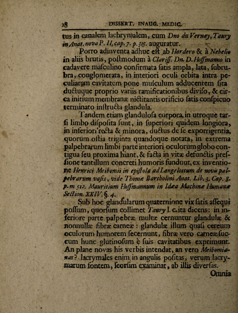 . ■ imi i.hiii - ■- ■■.U.. ■ ■ ■ '• / ■— , . tus in canalem lachrynialem, cum Dm du Vernay, Taury in Anat. nova P. II. cap. 7. p. jij. auguratur. Porro adinventa adhuc eft ,ab Hardero & a Nebelio jn aliis brutis, poftmodum si ClariJJ', DtuD.Hoffmanm in cadavere mafculino confirmata fatis ampla, lata, fubru- bra, conglpmerata, in interiori oculi orbita intra pe¬ culiaram cavitatem pone mulculum adducentem lita duftuque proprio variis ramificationibus divifo, & cir¬ ca initium membranae nictitantis orificio fatis confpicuo terminato inftrufta glandula. Tandem etiam glandulofa corpora, in utroque tar- fi limbo difpofita funt, in fuperiori quidem longiora, in inferiori're£ta & minora, duftus de fe exporrigentia, quorum oftia triginta quandoque notata, in extrema palpebrarum limbi parte interiori oculorum globo con¬ tigua feu proxima hiant, & fa&a in vitae defun&is pref- iione tantillum concreti humoris fonduut,ex inventio¬ ne Henrici Meibomti in epiftola adLangelottum de nwupal¬ pebrarum vajis, vide Tbomte Bartholini Anat. Lib. 3. Cap. g. p.m S12. Mauritium Hoffmamum in Idaa Machina Humana Seilion. XXIV. §. 4. Sub hoc glandularum quatemione vix latis aflequi polium, quorfum collimet Taury 1. c.ita dicens: in in¬ feriore parte palpebrae multae cernuntur glandulae & nonnullae fibrae carneae : glandulae illum quali cereum oculorum humorem fecernunt, fibrae vero carneae fuc- cum hunc glutinofum e fuis cavitatibus exprimunt. An plane novas his verbis intendat, an vero Meibomia- nas ? lacrymales enim, in angulis politas, verumlacry- marum fontem, feorfim examinat, ab illis diverlas. * . (tanta ' ' - V . +• '\'r