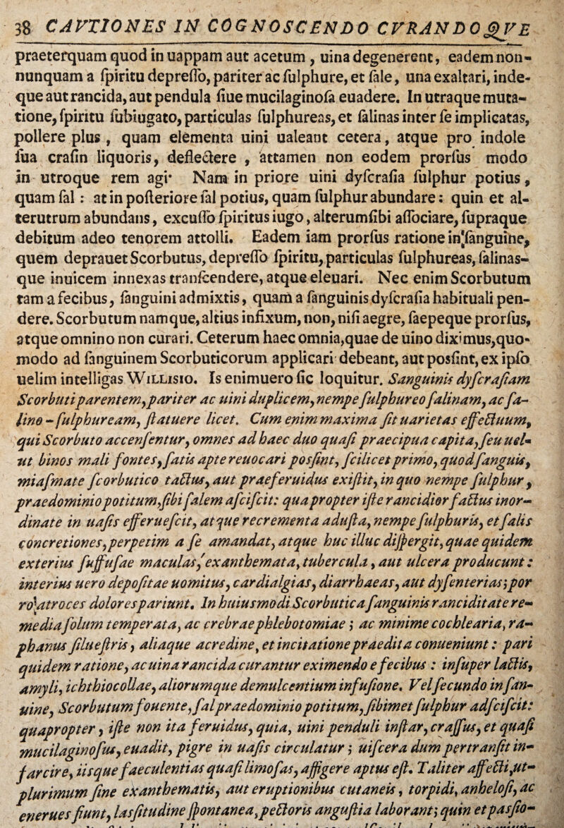 praeterquam quod inuappamaut acetum, uina degenerent, eadem non* nunquam a fpiritu depreflo, pariter ac fulphure, et jfole, una exaltari, inde- que aut rancida, aut pendula fiue mucilaginofa euadere. In utraque muta¬ tione, fpiritu fubiugato, particulas fulphureas, et (aiinas inter fe implicatas, pollere plus , quam elementa uini ualeant cetera, atque pro indole iua crafin liquoris, defleclere , attamen non eodem prorfus modo in utroque rem agi* Nam in priore uini dyfcrafia fulphur potius, quam fal: at in pofteriore fal potius, quam fulphur abundare: quin et al¬ terutrum abundans, excullb fpiritus iugo, alterumfibi aflociare, fupraque debitum adeo tenorem attolli. Eadem iam prorfus ratione in[fanguine, quem deprauetScorbutus,depreffo fpiritu, particulas fulphureas, falinas- que inuicem innexas tranlcendere, atque eleuari. Nec enim Scorbutum tam a fecibus, fanguini admixtis, quam a (anguinis dyfcrafia habituali pen¬ dere. Scorbutum namque,altius infixum, non, nifi aegre, faepeque prorfus, atque omnino non curari. Ceterum haec omnia,quae de uino diximus,quo¬ modo ad fanguinem Scorbuticorum applicari debeant, aut posfint, ex ipfo uelim intelligas Willisio. Is enimuero fic loquitur. Sanguinis dyfcrafiam Scorbutiparentem,pariter ac uini duplicem, nempefulphur eo falinam, ac fa- lino - fulphur e am, ftatuere licet. Cum enim maxima fit u arietas ejfettuum, qui Scorbuto accenfentur, omnes ad haec duo quafi praecipua capitayfeu uel• ut binos mali fontes,fatis apte r euoe ari posfint,fcilicetprimo, quodfanguis, miafmate fcorbutico taffus, aut praeferuidus exifiit,inquo nempe fulphur , prae dominio potitum,fbi falem afeifeit: qua propter ifle rancidiorfabius inor¬ dinate in uafis efferuefeit, atque recrementa adufia, nempe fulphur is, etfalis concretiones,perpetim a fe amandat, at que huc illuc dijpergit, quae quidem exterius fujfufae maculas'exanthemata, tubercula, aut ulcera producunt: interius nero depofitae uomitus, cardialgias, diarrhaeas, aut dyfenteriasypor ro\atroces dolor espariunt. In huiusmodi Scorbutica fanguinis ranciditate re¬ mediafolurn temperata, ac crebrae phlebotomiae; ac minime cochlearia, ra¬ phanus filuefiris, aliaque acredine, et incitatione praedita conueniunt: pari quidem ratione, ac uina rancida carantur eximendo e fecibus : infuper labiis, amyli, ichthiocollae, aliorumque demulcentium infufione. Velfecundo infan- uine, Scorbutum fouent e, fal prae dominio potitum,fibimet fulphur adfeifeit: quapropter, ifle non ita feruidus, quia, uini penduli inflar, crajfus, et quafi mucilaginofus, euadit, pigre in uafis circulatur ,* uifcera dum pertranfit in- farcire, iisque faeculentias quafi limo fas, affigere aptus eft. Taliter affeblijut- plurimum fine exanthematis, aut eruptionibus cutaneis, torpidi, anhelo fi, ac enerues fiunt, lasfitudine Jpontanea.pebtoris anguftia laborant, quin etpasfio-