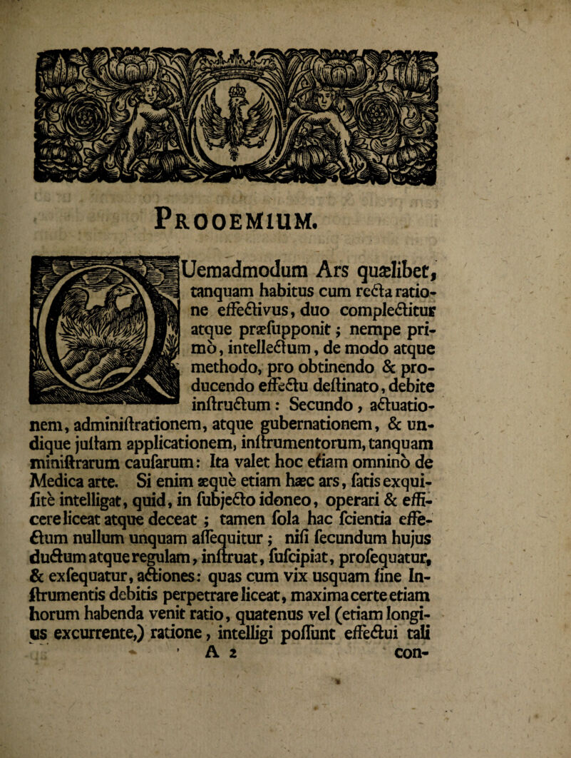 Prooemium. Uemadmodum Ars qualibet, tanquam habitus cum reda ratio¬ ne effedivus, duo compleditur atque prsefupponit; nempe pri¬ mo , intelledum, de modo atque methodo, pro obtinendo & pro¬ ducendo effedu deftinato, debite inftrudum: Secundo, aduatio- nem, adminiftrationem, atque gubernationem, & un¬ dique juitam applicationem, inftrumentorum, tanquam miniftrarum caufarum: Ita valet hoc etiam omnino de Medica arte. Si enim seque etiam hxc ars, fatis exqui- iite intelligat, quid, in fubjedo idoneo, operari & effi¬ cere liceat atque deceat; tamen fola hac fcientia effe- dum nullum unquam aflequitur; nili fecundum hujus dudum atque regulam, inltruat, fufeipiat, profequatur, & exfequatur, adiones: quas cum vix usquam tine In- ftrumentis debitis perpetrare liceat, maxima certe etiam horum habenda venit ratio, quatenus vel (etiam longi¬ us excurrente,) ratione, intelligi poliunt effedui tali A 2 ‘ con-