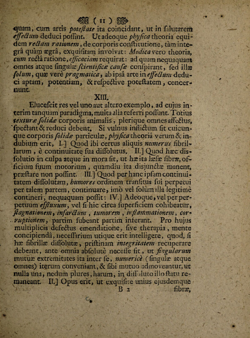 m (n> w* m . ; ; quam, cum artis potefiate ita coinqidant, ut in falutarem iffietium deduci poffiht, Ut adeoque phy fica theoria equi¬ dem retiam rationem, de corporis conditutione, tam inte¬ gri quam aegra, eXquilitam involvat: Medica vero theoria, eum refla ratione, efficaciam requirat: ad quam nequaquam omnes atque finguIxfcientifica caufie confpirant/fed illas folum, quae vere pragmatica, ab ipsa arte in effetitim dedu¬ ci aptam, potentiam, & reipeflive poteftatem, concer¬ nunt , XIIL Elucefcitres vel uno aut altero exemplo, ad cujus in- terim tanquam paradigma, multa alia referri poliunt. Totius textura fiolida corporis animalis > plerique omnes affeflus, ‘Ipeflant& reduci debent* Si vulnus infliflum fit cuicun* que corporis folida particulae, phy fica theoria verum & in¬ dubium erit, I.-] Quod ibi certus aliquis numerus fibril¬ larum , e continuitate fua difiblutus, II.] Quod haec dis- folutio in culpa atque in mora fit, ut hae ita laefae 'fibrae, of¬ ficium fuum motorium , quam diu ita _disjunftae manent, praeftare non poflint. III.] Quod per hanc ipfam continui¬ tatem diffolutam, humores ordinem tranfitus fui perpetui per talem partem, continuare, imo vel foliun illa legitime contineri , nequaquam poflit: IV.] Adeoque, vel per per¬ petuum effluxum, vei fi hic circa fuperfieiem cohibeatur, fiagnationem, infartium , tumorem , inflammationem, cor* .<ruptiotiemy partim fubeant partim inferant* Pro hujus multiplicis defeflus emendatione, fiye therapia, mente concipienda, neceffarium utique erit intelligere, quod, fi hae fibrillae diflblutae, priftinam integritatem recuperare debeant, ante omnia abfolute necefie fit, ut fingularum mutuae extremitates ita inter fe, numerici (lingulae atque omnes) iterum conveniant, & fibi mutuo admoveantur,ut nulla una, nedum plures, harum, in diffJuto ilio flatu re¬ maneant. 11] Opus erit, ut exqirifite unius ejusdemque