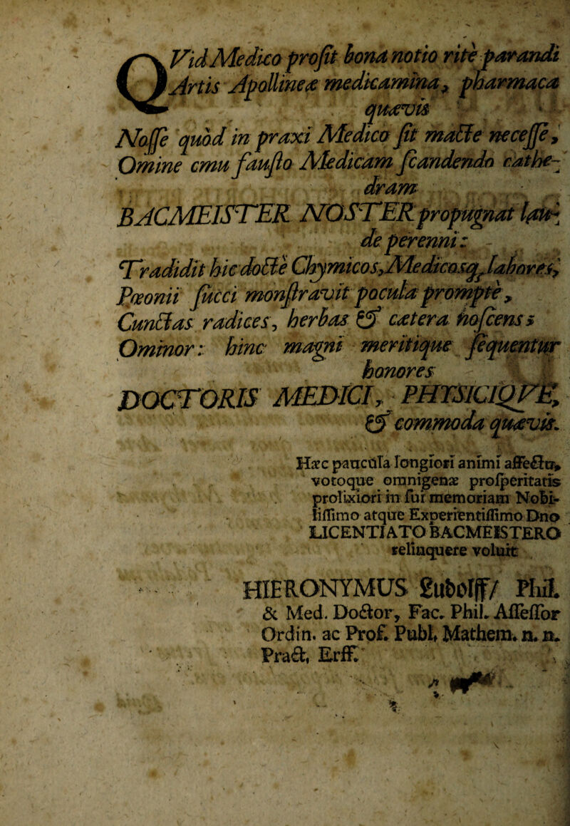 VidMedko pro/it bona notio rite parandi armaca 'ajje quoa m _ Omine cmu faujio neceie. BACMEISTER rerennt: - ^ ‘Tradidit hiedoBe ChymicosdAdedicos^Iabaresi Tfaomi fieci monftravitpocula prompte „ Cunctas radices, herbas & eat era toofcenss Ominor; hinc magni meritique fequentur vocroRis MEDICI; ■ imvA Mxc pancola longiori animi afFeflo* votoque omnigenae profperitatis prolixiori in fui memoriam NoM- liflimo atque Experientiflimo Dno relinquere voluit & Med. Do&or , Fac. PhiL Afleffor Ordiri, ac Pro£ Pubi Mathem* n. n* Prad,. ErfE (ft^- ■■ «L >