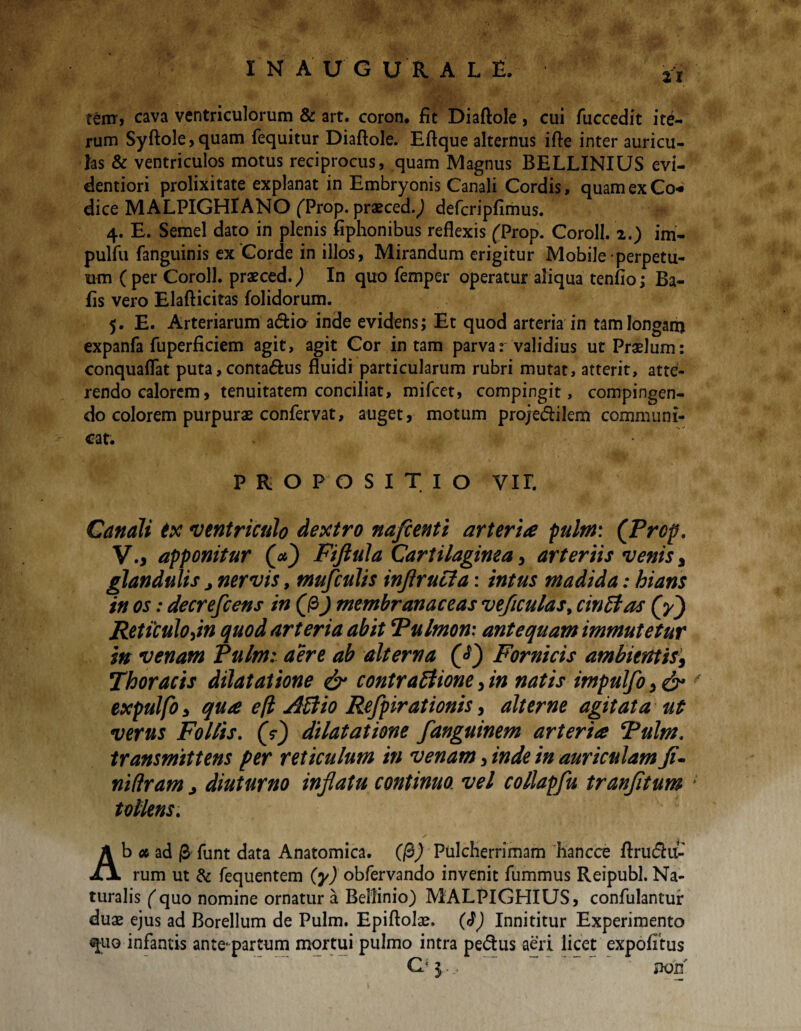 tenr, cava ventriculorum & art. coron. fit Diaftole, cui fuccedit ite¬ rum Syftole,quam fequitur Diaftole. Eftque alternus ifte inter auricu¬ las & ventriculos motus reciprocus, .quam Magnus BELLINIUS evi- dentiori prolixitate explanat in Embryonis Canali Cordis, quam ex Co* dice MALPIGHIANO (Prop. praeced.,) defcripfimus. 4. E. Semel dato in plenis fiphonibus reflexis (Prop. Coroll. 2.) im- pulfu fanguinis ex Corde in illos, Mirandum erigitur Mobile perpetu¬ um ( per Coroll. praeced.) In quo femper operatur aliqua tenlio; Ba- fis vero Elafticitas folidorum. 5. E. Arteriarum a&ia inde evidens; Et quod arteria in tam longam expanfa fuperficiem agit, agit Cor in tam parvar validius ut Praelum: conquaflat puta, conta&us fluidi particularum rubri mutat, atterit, atte¬ rendo calorem, tenuitatem conciliat, mifcet, compingit, compingen¬ do colorem purpurae confervat, auget, motum proje&ilem communi¬ cat. > PROPOSITIO vir. Canali ex ventriculo dextro nafienti arteria pulm: (Prop. V.) apponitur Fiftula Cartilaginea, arteriis venis a glandulis j nervis, mufculis inflrucla: intus madida: hians in os: decrefcens in ((3) membranaceas veflculas> cinbtas (y) Reticulo jn quod arteria abit Pulmon• antequam immutetur in venam Pulm: aere ab alterna (<$) Fornicis ambientisi Thoracis dilatatione & contrabtione, in natis impulfo, & expulfo 3 qua efl Abiio Refpirationis, alterne agitata ut verus Follis. (V) dilatatione fanguinem arteria Pulm. transmittens per reticulum in venam, inde in auriculam Ji~ niliram 3 diuturno inflatu continuo, vel collapfu tranfltum tollens. Ab <* ad /3 funt data Anatomica. (/3) Pulcherrimam hancce ftru<Su- rum ut & fequentem (y) obfervando invenit fummus Reipubl. Na¬ turalis (quo nomine ornatur a Bellinio) MALPIGHIUS, confulantur duae ejus ad Borellum de Pulm. Epiftolae. (i) Innititur Experimento quo infantis ante* partum mortui pulmo intra pe&us aeri licet expolitus