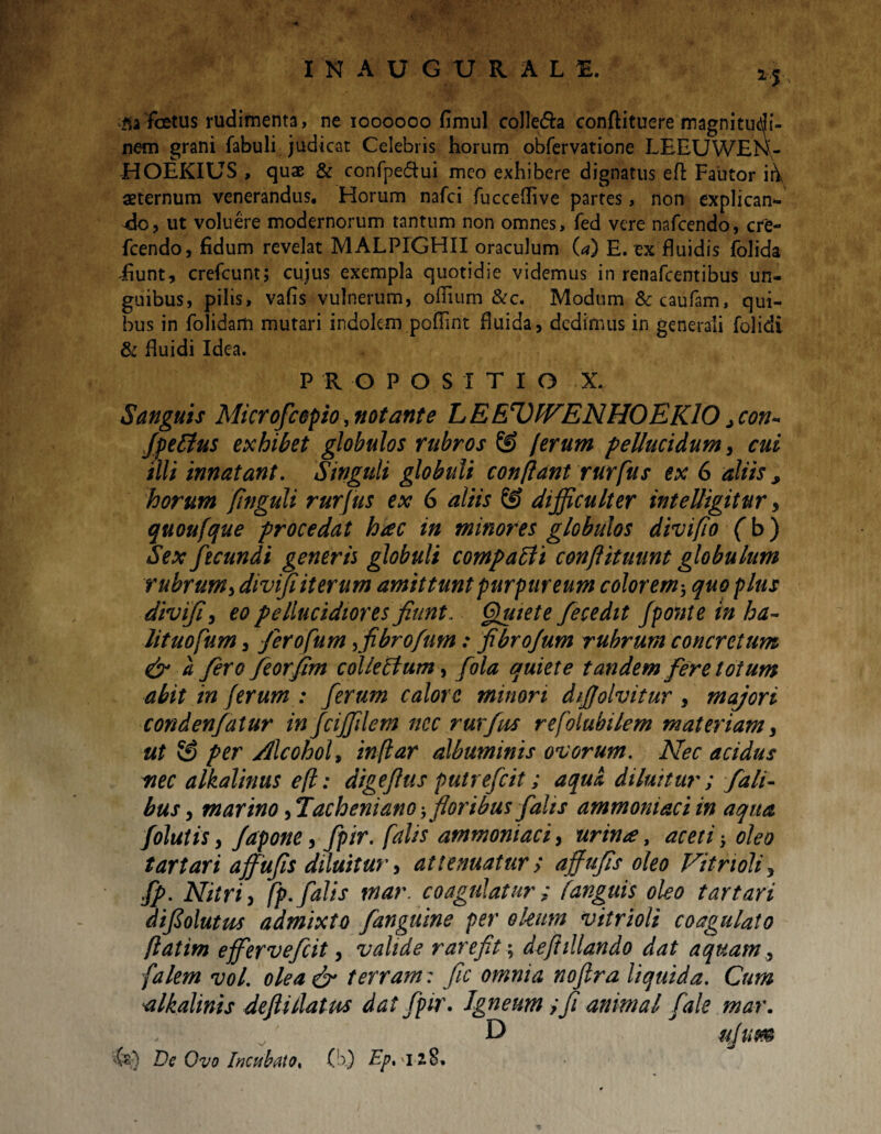 fta foetus rudimenta, ne ioooooo fimul colle&a conftituere magnitudi¬ nem grani fabuli judicat Celebris horum obfervatione LEEUWEN- HOEKIUS , quae & confpe&ui meo exhibere dignatus eft Fautor aeternum venerandus. Horum nafci fucceflive partes, non explican- <lo, ut voluere modernorum tantum non omnes, fed vere nafcendo, cre- fcendo, fidum revelat MALPIGHII oraculum (a) E. ex fluidis folida Eunt, crefcunt; cujus exempla quotidie videmus in renafcentibus un¬ guibus, pilis, vafis vulnerum, oflium &c. Modum &caufam, qui¬ bus in folidam mutari indolem poflint fluida, dedimus in generali folidi & fluidi Idea. PROPOSITIO X. Sanguis Microfccpio, notante LEEUlVENHOEKlO j con- /peblus exhibet globulos rubros © /erum pellucidum, cui illi innatant. Singuli globuli conflant rurfus ex 6 aliis , horum finguli rurfus ex 6 aliis difficulter intelligitur, quoufque procedat hac in minores globulos divifio (b) Sex fecundi gener is globuli compaEli conftituunt globulum rubrum, diviji iterum amittunt purpureum colorem* quo plus divifi3 eopellucidiores fiunt, (putete fecedit /ponte in ha- lituofum 3 fierofum fibrofum: fibro/um rubrum concretum & ii /ero feorfim colleEtumy fola quiete tandem fere totum abit in /erum : /erum calore minori difjolvitur , majori conden/atur in /ciffilem nec rurfus refolubilem materiam 3 ut & per Alcohol3 in far albuminis ovorum. Nec acidus nec alkalinus efl: digefius putre/cit; aqua diluitur ; fati¬ bus 3 marino, Tacheniano /floribus falis ammoniaci in aqua folutis 3 Japone, fpir. falis ammoniaci, urina, aceti 5 oleo t artari ajfiufis diluitur 3 attenuatur > affufis oleo Vitri oli 3 /p. Nitri 3 fp. falis tnar. coagulatur; fanguis oleo t artari difiolutus admixto /anguine per oleum vitrioli coagulato flatim effervefeit 3 valide rarefit; deftillando dat aquam, falem vol. olea & terram: fic omnia noflra liquida. Cum alkahnis deftiilatus dat fpir. Igneum ;fi animal /ale mar. D u/um De Ovo Incubato* (b.) Ep*