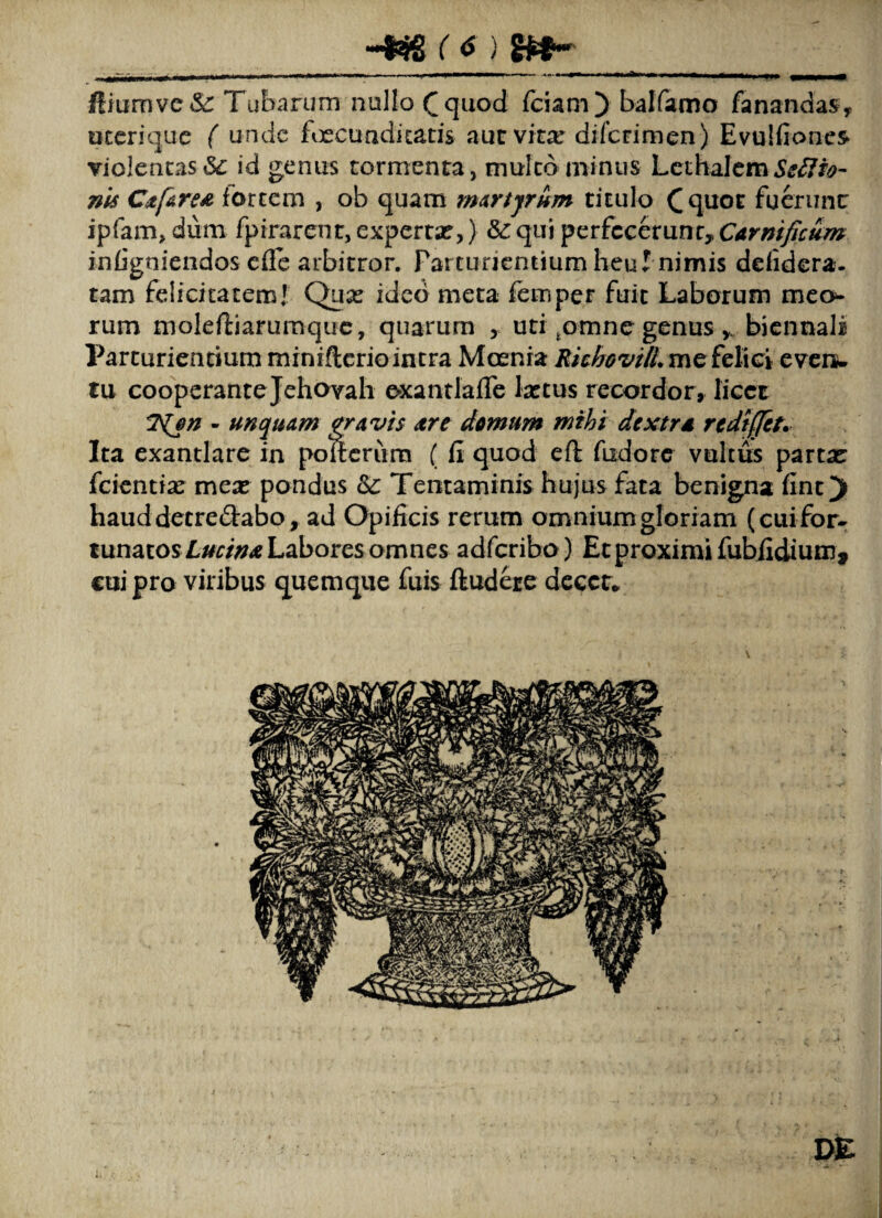 ftiumve& Tubarum nullo C quod fciam) balTamo fanandas, uceriquc ( unde fcecundicatis aucvrtie diTcrimen) Evulfiones rioIcnCsisS^ id genus tormenta, mulco minus Lcthalcm C^fAres fortem , ob quam rmrtjrum ticulo fueriinc ipfam, dum fpirarent, expertar,) &: qui perfccerunc, CArmficum inljgniendos cfie arbitror. Parturientium heu I nimis dcfidera. tam felicitatem! Quas ideo meta fcmper fuit Laborum meo¬ rum moleftiarumque, quarum , uti ^omne genus biennali Parturientium minideriointra Moenia RkhG'vilLmQitX\Q\ even¬ tu cooperanteJehovah oxantlafTe lastus recordor, licet - unquam gravis are domum mihi dextra rediffet.’ Ita exantlare in poitcrum ( fi quod eft fiidorc vultus partae feientiae meas pondus Tentaminis hujus fata benigna fine) hauddecredabo, ad Opificis rerum omnium gloriam (cui for¬ tunatos Lucina Labores omnes adferiba) Et proximi fubfidium, cui pro viribus q^uemque fuis ftudere decet- de 1