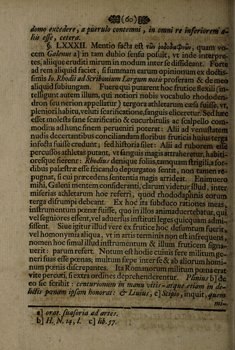€i(<io)§^ - domo excedere, a puerulo contemni, iit omni rt tnferiorem d^ lifs ejfe, cetera. §i LXXXII. Mentio eft tw 'po^o$ct(piiSii, quaift vo¬ cem Galenus a]'in tam dubio fenfu pofuit, vt inde interpre¬ tes, aliique eraditi mirum in modum inter fe dillideant. Forte ad rem aliquid faciet, fifummam earum opinionum ex do(itis- fimis Io. Rhodii ad Scribonium Largum notis proferam & de meo ali(]|uidfubiungam. Fuere qui putarent hoc frutice flexili (in- ' telligunt autem illiim, qui notiori nobis vocabulo rhododen¬ dron feu nerion appellatur ) tergora athletarum csefa fiiilTe, vt, pleniorihabitu,veluti fcarificatione,fanguis eliceretur.Sedhsec eiretmoleftafanefcarificatio& cucurbitulis acfcalpello com¬ modius adhunc finem pemeniri poterat: Alii ad venuftatem nudis decertantibus conciliandam floribus fruticis huius terga inferiafuillecredunt; fedhiftoriafilet: Alii ad ruborem clTe percuflbs athletas putant, vt fanguis magis attraheretur, habiti- orefque fierenr: Rhodius denique foliis,tamquam ftrigili,a for- dibuspalaeftraeeirefiricando depurgatos fentit, non tamenre- pugnat, fi cqi praecedens fententia magis arrideat. Enimuero mihi, Galeni mentem confideranti, clarum videtur Illud, inter miferias athletarum hoe referri, quod rhododaplihis eorum terga difrumpidebeant. Ex hoc ita lubduco rationes meas, inftrumentum poenae fuifle, quo in illos animaduertebatur, qui vel fegniores ellent, vel aduerfus inftituti leges quicquam admi- fiflent. Siue igitur illud vere ex frutice hoc defumtum fuerit, vel homonymia aliqua, vt in aitis terminis non eftinfrequens! nomen hoc fimul illud inftrumentum & illum fruticem figna- uerit: parumrefert. Notum efthodiecuiuis fere militum ge¬ neri fuaseffe poenas; multum faepe inter fe& ab aliorum homi¬ num poenis dlfcrepantes. Ita Romanorum militum poena erat vite percTO, fi extra ordines deprehenderentur. Plinius bl de eo fic fcribit: centurionum in manu vitis - atque etiam in dem liliis poenam ipfam honorat: & Huius, c\Scipio,mcpm,quem *] orat, fuaforia ad artes. b] if., N. iq, /. c] lih. /7. \