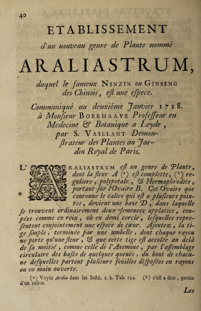 ETABLISSEMENT % d'un nouveau genre de Plante nommé ARALIASTRUM, t duquel le fameux N inz in ou G inseng des Chinois, efi une efpece. ■Communique au deuxieme Janvier 1718« à Monjieur Boerhaave Profeffeur en Medecïne Botanique a Leyde > par S. Vaillant Demon-- Jlrateur des Plantes au Jar¬ din Royal de Pans\ raliastrum efl un genre de Blante, dont la fleur A (j efl complette^ (b} ré¬ gulière , polypetale , ® Hermaphrodite, portant flUr lOvaire B. Ovaire que couronne le calice qui efl a plu fleur s poin¬ tes , devient une baye B), dans laquelle Je trouvent ordinairement deux Jemences applaties, cou¬ pées comme en rein , ou en demi cercle , lesquelles repre- flentent conjointement une efpece de cœur. Ajoutez , la ti¬ ge fimple ) terminée par une umbelle , dont chaque rayon ne porte qu'une fleur , & que cette tige efl accolée au delà de fa moitié , comme celle de l Anemone , par Vajfemblage circulaire des bafles de quelques queues > du bout de chacu¬ ne deflquelles partent plufîeurs feuilles diflpoflées en rayons ou en main ouverte. (a) Voyés Aralia dans les Inftit. r. h. Tab. 154. (b) c’eft a dire , garnie 4’un calice. Les