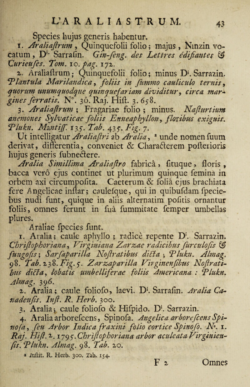 L’A R A L I A S T R U M. Species hujus generis habentur. î. Araliajlrum , Quinquefolii folio ; majus, Ninzin vo¬ catum , D,# Sarrafin. Gin-feng. des Lettres édifiantes & Gurieufes. Tom. io.pag. 172. z. Araliaftrum* Quinquefolii folio; minus D\ Sarrazin. 1Tlantula Marilandica, foliis in fummo cauliculo ternis, quorum unumquodque quinquefariam dividitur, circa mar± gines ferratis. N°. 30. Raj. Hirt. 3. 658. 3. Araliajlrum ; Fragariae folio ; minus. Naflurthim anemones Silvaticae foliis Enneaphylion, floribus exiguis. Tlukn. Mwttjf. 135'. Lah. 435*. /tç. 7. Ut intelligatur Araliaftri a b Ara lia, * unde nomen fuum derivat, differentia, conveniet & Charaéterem porterions hujus generis fubneétere. Aralia Simillima Araliafiro fabricâ, fituque > floris , bacca verô ejus continet ut plurimum quinque femina in orbem axi circumpofita. Caeterum & folia ejus brachiata fere Angelicae inftar; caulefque, qui in quibufdam fpecie- bus nudi funt, quique in aliis alternatim pofitis ornantur foliis, omnes ferunt in fua fummitate femper umbellas plures. Araliae fpecies funt. 1. Aralia; caule aphyllo ; radice repente D\ Sarrazin. Chriftophoriana, Virginiana Zarz>ae radicibus farculofis fungo fis-, Sarfaparilla Noft ratibus diSta ; Elukn. Almag. 98. Tab. 238. Fig. 5“. Zarzaparilla Virginenfibus Nofirati- bm diéla, lobatis imbelli ferae foliis Americana : Tlukn. Almag. 396. x. Aralia; caule foliofo, laevi. D*. Sarrafin. Aralia Ca- nadenfis. Infi. R. Herb. 300. 3. Aralia; caule foliofo & Hifpido. D\ Sarrazin. 4. Aralia arborefeens, Spinofa. Angelica arborefeens Spi- 710 (a, feu Arbor Indica fraxini folio cortice Spinofo. N°. 1. Raj. Hifi. 2.. 1795'. Chrijlopboriana arbor aculeata Virginien- /Zr. Rlukn. Almag. 98. T^. 20. a inilit. R. Herb, 300. Tab. 154. F 2, Omnes
