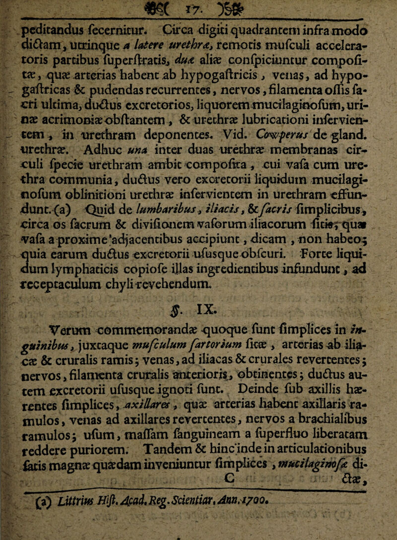 m *7- m peditandus fecernicur. Circa digiti quadrantem infra modo dittam, utrinque a latere urethra, remotis mufculi accelera- toris partibus fuperftracis, dua alte confpiciuntur compofi- tae, quae arterias habent ab hypogaftricis , venas , adhypo- gaftricas & pudendas recurrentes, nervos, filamenta oflis fa¬ cti ultima, du&us excretorios, liquoremmudiaginofum, uri- nx acrimonia obftantem , & urethrae lubricationi infervien- tem , in urethram deponentes. Vid. C&wperus de gland. urethra. Adhuc una inter duas urethra membranas cir¬ culi fpecie urethram ambit compoftta, cui vafa cum ure¬ thra communia, duftus vero excretorii liquidum mucilagi- tiofum oblinitioni urethrae infervientem in urethram effun¬ dunt, (a) Quid de lumbaribus, iliacis, &c/acris fimplierbus, circa os facrurn & divifionem vaforum iliacorum fitter quai vafa a proxime'adjacentibus accipiunt, dicam , non habeo$ quia earum du£lus excretorii ufusque dbfcuri. Forte liqui¬ dum lymphaticis copiofe illas ingrediencibus infundunt, ad receptaculum chyli revehendum, §. IX. Verum commemorandae quoque funt fimplices in in- guinzbm, juxeaque mufculum fartorium fitae, arterias ab ilia¬ cae & cruralis ramis; venas, ad iliacas & crurales revertentes; nervos, filamenta cruralis anterioris/ obtinentes; duftus au¬ tem excretorii ufusque ignoti funt. Deinde fub axillis hae¬ rentes fimplices, axillares, qux arterias liabent axillaris ra¬ mulos, venas ad axillares revertentes, nervos a brachialibus ramulos 5 ufum, maflam fanguineam a fuperfluo liberatam reddere puriorem; Tandem & hinc inde in articulationibus fatis magnae quaedam inveniuntur fimplices4, nemilaginofi di- ' C ; flae, (a) Ltttriw Hift. 4cad, Reg.Scientiart Jnn. x/oo.