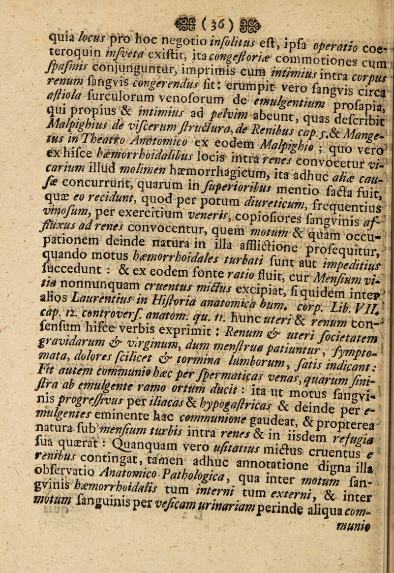 quia locus pro hoc negotio infatuas eft, ipfa operatio teroqum infveta exiftit, itacongefiorix commotiones cum fpafnns conjunguntur, imprimis cum intimius intra « Z renum fangvis congerendus fit: erumpit vero fangvi/ciS aftiola furculorum venoforum de emulgentium LIol f«U/ ad /^abeunt, quas defcJfbit * vtfcerum ftrutiura, de Renibus ex hifce■.bxmorrhoidalibus locis intra r«?r/co micturi e^mm ll!ud ™tmen hxmorrhagicum, ita adhuc X /i? concurrunt, quarum in fuperioribus mentio fafla fuir qu^a recidunt, quod per potum diureticuniX,cuenZ vmofum, per exercitium venerit, copiofiores fmZnsaf- fiuxue ad renes convocentur, quem motum & £ pationem deinde natura in illa afflitfione profequitur quando motus hxmorrhoidales turbati funt SS fuccedunt: & ex eodem fonte fluit, cm/S£iv m nonnunquam cruentus mi&us excipiat, fi quidem Srlt - 81,00 Laurentius m Hiflwta anatomica bum, wrp Lih VTT ' cap^cmtroverfanatom; qtt. fi. incuteri i £mLn-- fenfum hifce verbis exprimit: &?«**» <£■ uteri focietaum ZZ ITI &rVrrgimJ”' dum menflrMP^tut/ymptZ! mata, dolores (cihcet y tormina lumborum, fatis indicant • F/r ««/m communio bxc per fpermaticas venas auarum /Ini Jlra ab emulgente ramo ortum ducit ■ ita ut motuTf™^ rus progreffivus per iliacas hhypogaftricas & deind/n£ mulgentes eminente hac communione gaudeat & nronr*. ** natura fbb menfiumturbis intra fua quaerat. Quanquam vero ufitatius mi&us cruennif contingat, tamen adhuc annoSe^Sllf obfervatio Anatomico-Pathologica, qua inter *»„/«£ V * gvinis bxmorrboidalis tum tum externi Z £ motum fangmnis per vefcam urinariam perinde aliqua coZ -