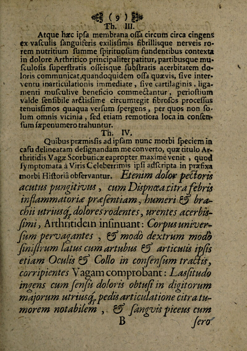 l'i (9 ) l Th. III. Atque haec ipfa membrana offa circum circa cingens ex vafculis fanguiferis exilisfimis fibrillisque nerveis ro¬ rem nutritium fumme fpirituofum fundentibus contexta in dolore Arthritico principaliter patitur, partibusque mu- fculofis fuperftratis offeisque fubftratis acerbitatem do¬ loris communicat,quandoquidem offa quaevis, five inter¬ ventu inarticulationis immediate , five cartilaginis , liga- menti mufeulive beneficio commeciantur, perioftium valde fenfibile ar£iisfime circumtegit fibrofbs proceffus tenuisfimos quaqua verfum fpergens , per quos non fb» lum omnis vicinia, fed etiam remotiora loca in confen- fum faroenumero trahuntur. Th. iv, . ^ ; / Quibus praemisfis ad ipfam nunc morbi Ipeciemin cafu delineatam defignandam me converto, quae titulo Ar¬ thritidis Vagae Scorbuticae eapropter maxime venit , quod fymptomata a Viris Celeberrimis ipfi adferipta in praefixa morbi Hiftoria obfervantur. EtZYliwi dolOV petiolis acutus pungitivus, cum Dispncea citrafebris inflammatoria prafentiam, humeri bra¬ chii utriusf dolores rodentes, urentes acerbis- fimi, Arthritidem infinuant: Corpus univer- fum pervagantes , modo dextrum modo finifirum latus cum artubus articulis ipfs etiam Oculis Collo in confenjum traclisy corripientes Vagam comprobant: Lasftudo ingens cumfenft doloris obtuf in digitorum maiorum utriusf pedis articulatione citra tu¬ morem notabilem , $ fangvis piceus cum B fera /