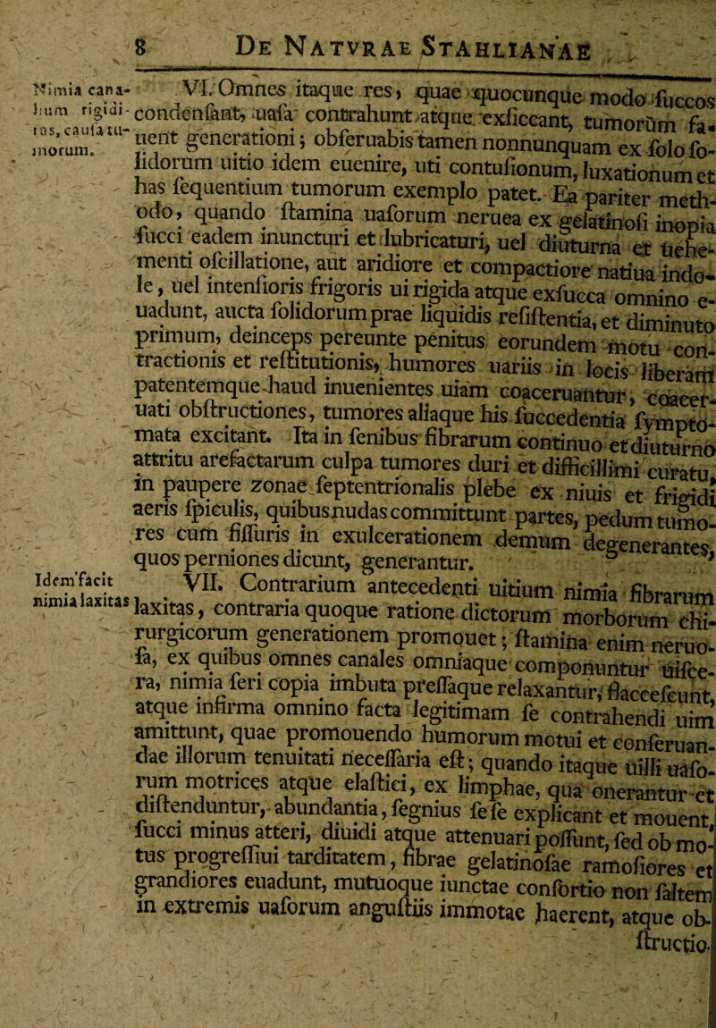 VTnmn cana» •,t ,VI:0mne? itaflae ^, quae quocunque modo fuccos ,mra r,?,dl condenfimt, :uaia- contrahunt atque exficcant, tumorum fi». ias, caufaju- eflt generationi; obferuahistamennonnunquanv^rdofo Iidornm uitio idem euenire. uri mnhifinnn« i_ morum, o _ ---> xxwnuuiuiuam ex loloio- Morum uitio idem euemre, uti contufionum, luxationum et has fequentmm tumorum exemplo patet. Ea pariter meth¬ odo, quando flamina uaforum neruea ex gelatinofi inopia lucci eadem inuncturi et lubricaturi, uel diuturna et tiehe- menti ofciliatione, aut aridiore et compactiore natiua indo¬ le, uel intenhoris frigoris ui rigida atque exfucca omnino e- uadunt, aucta fohdorum prae liquidis refiftentia, et diminuta primum, deinceps pereunte penitus eorundem motu con¬ tractionis et reflitutioms, humores uariis in locis liberam i' patentemque-haud inuenientes uiam coaceruantur, coaeer uati obftructiones, tumores aliaque his fuccedentia fvmntd- mata excitant. Ita in fenibus fibrarum continuo et diuturna attntu arefactarum culpa tumores duri et difficillimi curatu in paupere zonae^feptentrionalis plebe ex niuis et frimHi aeris fpiculis, quibusnudas committunt partes, pedum tumo- - res cum Muris in exulcerationem demum defenerantes quos perniones dicunt, generantur. & J Slaxius, , VIL Contrarium antecedenti uitium nimia fibrarum laxitas, contraria quoque ratione dictorum morborum chi- rurgicorum generationem promonet; flamina enim neruo- ia, ex quibus omnes canales omniaque componuntur uifce ra, nimia feri copia imbuta prelTaque relaxantur, flaccefeunt atque infirma omnino facta legitimam fe contrahendi uim amittunt, quae promouendo humorum motui et conferuan. dae illorum tenuitati neceflaria eft; quando itaque uilli uafo rum motrices atque elaftici, ex lineae, qu^SSS . diftenduntur, abundantia,fegmus fefe explicant et mouent fucci minus atteri, dmidi atque attenuari pofiunt, fed ob mo- tus prpgrefliui tarditatem, fibrae gelatindfae ramofiores , grandiores euadunt, mutuoque iunctae confortio non faltei - m extremis uaforum anguftiis immotae Jiaerent, atque ol - - ftructii