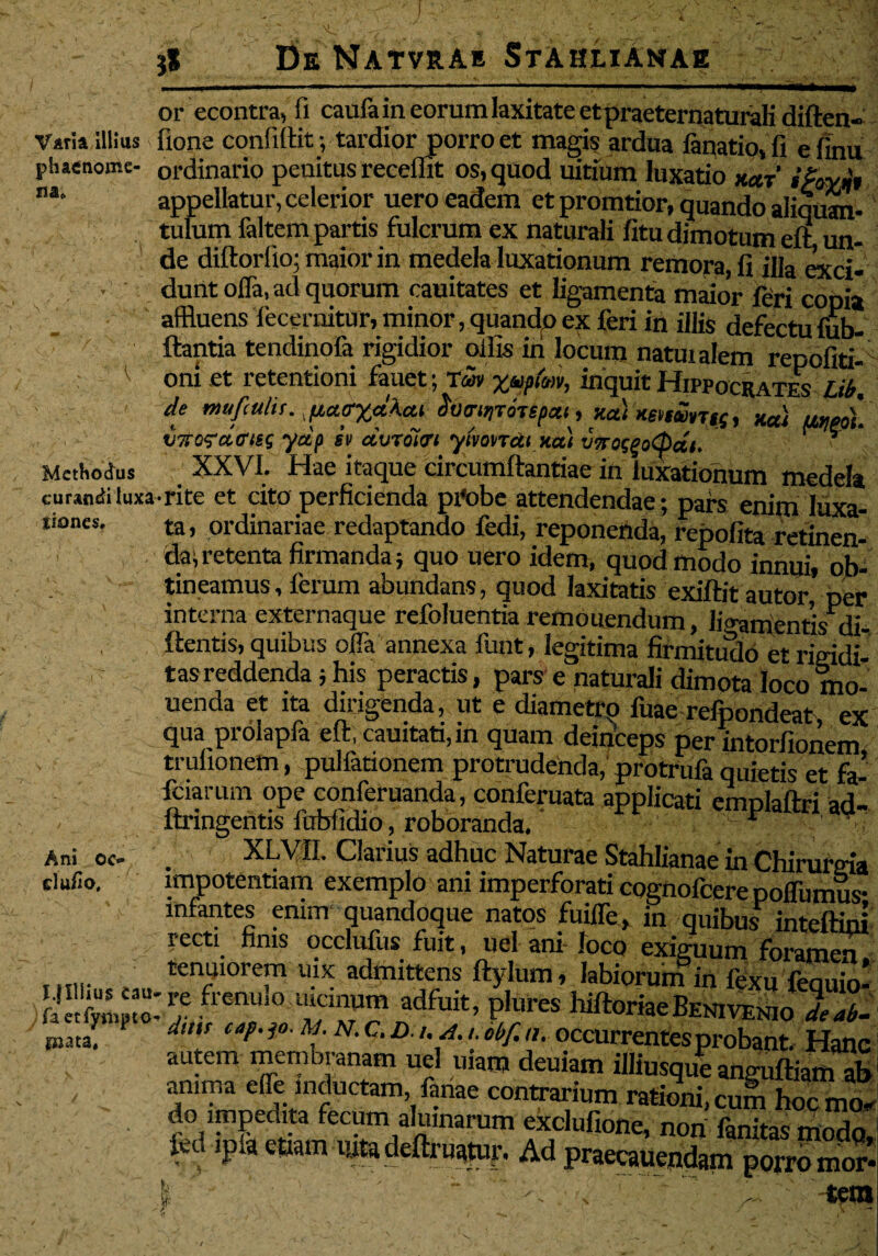 Varia illius phaenome¬ na» Methodus curandi luxa tiones. Ani co¬ ci ufio. I.flllius eau fa etfynipto piata, ?* De Natvrae Stahlianab or econtra, fi caufain eorum laxitate etpraeternaturali diften» fione confidit; tardior porro et magis ardua fanatio, fi efinu ordinario penitus recedit os, quod uitium luxatio x«r' ifwyjh appellatur, celerior uero eadem et promtior, quando aliquan¬ tulum faltem partis fulcrum ex naturali fitu dimotum eft un¬ de diftorfio: maior in medela luxationum remora, fi illa exci¬ dunt offa, ad quorum cauitates et ligamenta maior feri copia affluens fecernitur, minor, quando ex feri in illis defectu fub- ftantia tendinofa rigidior olfis in locum natui alem repofiti- oni et retentioni fauet; Tw yjup(mv, inquit Hippocrates Lib. de mufiulit. ^aff%dkai iocrurrorspeu» *a< xew£Vr«, xdi utjpo). wtwfclcui ydp st> duToiri yhondt xai xwosqod>di. * XXVI. Hae itaque circumdandae in luxationum medela •rite et cito perficienda pi'obe attendendae ; pars enim luxa¬ ta , ordinariae redaptando fedi, reponenda, repofita retinen- da; retenta firmanda; quo uero idem, quod modo innui, ob¬ tineamus, ferum abundans, quod laxitads exiftit autor ner mterna externaque refoluentia remouendum, li<»-amentis di¬ dentis, quibus offla annexa funt, legitima firmitudo et rigidi¬ tas reddenda ; his peractis, pars e naturali dimota loco mo- uenda et ita dirigenda, ut e diametrp fuae refpondeat ex qua prolapfa eft, cauitati,in quam deinceps per intorfionem trulionem, pullationem protrudenda, protrufa quietis et fa- fciarum ope conferuanda, conferuata applicati emnlaftri adi ftringentis fobfidio, roboranda. * ‘ XLVII. Clarius adhuc Naturae Stahlianae in Chirurgia impotentiam exemplo ani imperforati cognofcerepoffumus* infantes enim quandoque natos fuiffe, in quibus inteftini recti finis occlufus fuit, uel ani- loco exiguum foramen. tenuiorem uix admittens ftylum, labiorum in fexu fequio- ;re frenum uicinum adfuit, plures hiftoriaeBENiVENio de ab. dms cap.jo. m. n. c. d. /. a. /. obf. n. occurrentes probant. Hanc autem membranam uel uiam deuiam illiusque anguftiam ab anima effle inductam fanae contrarium rationi, cum hoc mo, do impedita fecum alu,narum exclufione, non ftnitas modo, iu !Pia e0am l!# deftruRtur. Ad praecauendam porro mor $