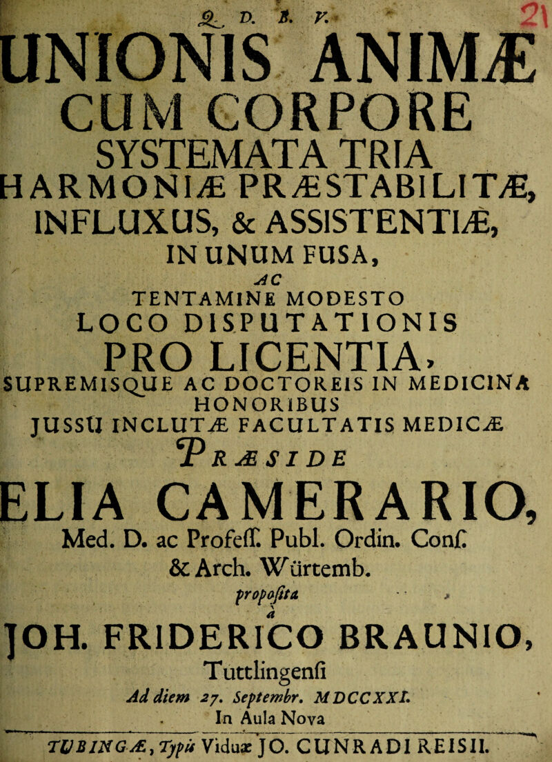 E/ UNIONIS ANIMj CUM CORPORE SYSTEMATA TRIA HARMONIA PR^iSTABILITA, INFLUXUS, & ASSISTENTIA, IN UNUM FUSA, AC TENTAMINE MODESTO LOCO DISPUTATIONIS PRO LICENTIA» SUPREMISQUE AC DOCTORE1S IN MEDICINA HONORIBUS JUSSU INCLUTAE FACULTATIS MEDICAE *P RJE SI DE ELIA CAMERARIO, Med. D. ac Profeff. Pubi. Ordin. ConC & Arch. Wiirtemb. propofita • > ]OH. FR1DERICO BRAUNIO, T uttlingenfi Ad diem 27. Septembr. MDCCXXL Ia Aula Nova ^ .1 - 1 ■ 1 . - , . » 1 . TVBING/E, Typis Viduae JO. CUNR ADI REISII.