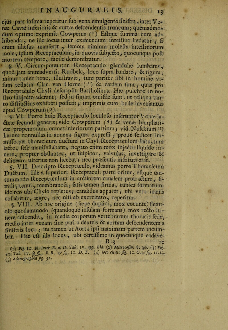 INAOGURALI S. r3 eju$ pars infima reperitur fub vena emulgentefiniftrasinter Ve¬ nae Cavse inferioris aortae defcendentis truncum; quemadmo¬ dum optime exprimit Cowperus (*) Eftque fumma cura ad¬ hibenda , ne ille locus inter eximendum inteftina laedatur , fi enim illasfus manferix , femora nimium molefta intefiinorum mole, ipfum Receptaculum,in quovis fubjedo, quocunque pofl mortem tempore, facile demonftratur. ; §. V. Circumponuntur Receptaculo glandulas lumbares 5 quod jam animadvertit Rudbek, loco fupra laudato, & figura, minus tamen bene, illuliravit ; tum pariter fibi in homine vi- fum teftatur Clar. van Horne ( 2) <k easdem funt, quas pro Receptaculo Chyli defcripfit Bartholinus. Hae pulchre in no- ftro fubjedo aderant; fed in figura omiflse funt, ut reliqua tan¬ to diftindius exhiberi pollent * imprimis cum belle inveniantur apud Cowperum (3 )• §. VI. Porro huic Receptaculo loculofo inferantur Vente la- dex fecundi generisjvide Cowperum (4) 5c vente lymphati¬ cae propemodum omnes inferiorum partium > vid. Nukkium (0 harum nonnullas in annexa figura exprefli , prout fcilicet im- mifib per thoracicum dudum in Chyli Receptaculum flatu, tum fode, fefe m an i fe flabant 3 negato enim mox injedo liquido iti¬ nere, propter ob flantes., ut fufpicor, valvulas, invefligare St delineare ulterius non licebat; nec pnefentis inflituti erat. §. VII. Defcripto Receptaculo, videamus porro Thoracicum Dudum. Ille a fuperiori Receptaculi parte oritur, eflque tan¬ tummodo Receptaculum in ardiorem canalem protradum, fi- mili , tenui, membranofa, fatis tamen firma, tunica formatum: idcirco ubi Chylo repletus; candidus apparet; ubi vero inanis collabitur, aegre, nec ni fi ab exercitato, reperitur. §. VIII. Ab hac origine (faepe duplici, mox coeunte) flexu- ofo quodammodo (quandoque infulam formans) mox redo iti¬ nere adfcendit, in media corporum vertebrarum thoracis fede, medio inter venam fine pari a dextris & aortam defcendentem a finifli is loco ; ita tamen ut Aorta ipfi maximam partem incum¬ bat. Hic efl ille locus, ubi certiffime in quocunque cadave- B 3 re (1) Ii<r. IO. N. inter B. a. D. Tab. iv. app. Bid. (1) Microcofm. §. 30. Cfifig. jo. Tab. iv. R R, c? fig, 11. X>. I. (4) loco citato fig. 1011 .C* ^5) J deno graphia fig. 31.