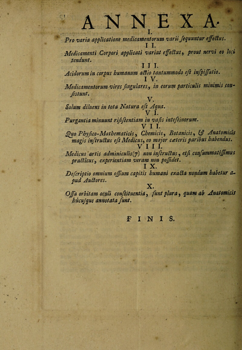 I. Pro varia applicatione medicamentorum varii fequuntur effectus. 1 L Medicamenti Corpori applicati variat effetius^ prout nervi eo loci iendunt, I 1 L Acidorum in corpus humanum atiio tantummodo eft infpiffatio, 1 V* Medicamentorum virps fingular.es., in eorum particulis minimis con* fistunt. : V. Solum diluens in tota Natura eft Aqua. ' VI. Purgantia minuunt rififitentiam in vafts int eft inorum. V 1 L Quo Phyfico-Mathematicis) Chemicis, Botanicis, £s? Anatomicis magis inftrutius eft Medicus9 eo major exteris paribus habendus» VIII. Medicus artis adminiculis (j) non inftrutius 9 etfi confummatiffmus pratiicus, experientiam veram non pofidet, IX. Defcriptio omnium ofium capitis humani exatia nondum habetur a- pud A uti ores, X. / Offa orbitam oculi confutuentia, funt plura ^ quam ab Anatomicis hucujque annotata funt. FINI S. •'v. \ m /