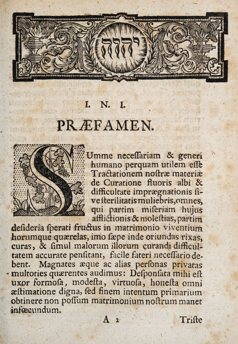 /feKktimv PRiEFAMEN. Umme neceflariam & generi humano perquam utilem eflb TraCtationem noftra: materia de Curatione fluoris albi & difficultate impraegnationis li¬ ve fterilitatis muliebris,omnes, qui partim miferiam hujus afflictionis & moleftias, partim defideria fperati fruCtus in matrimonio viventium horumque quaerelas, imo faepe inde oriundas rixas, curas, & fimul malorum illorum curandi difficul¬ tatem accurate penfitant, facile fateri necefFariode- bent. Magnates aeque ac alias perfonas privatas - multoties quaerentes audimus: Defponfata mihi efl uxor formofa, modefta, virtuofa, honefta omni aeftimatione digna, fed finem intentum primarium obtinere non polium matrimonium noltrum manet infacundum. -r' r . •' A % Trifte iiilvvml