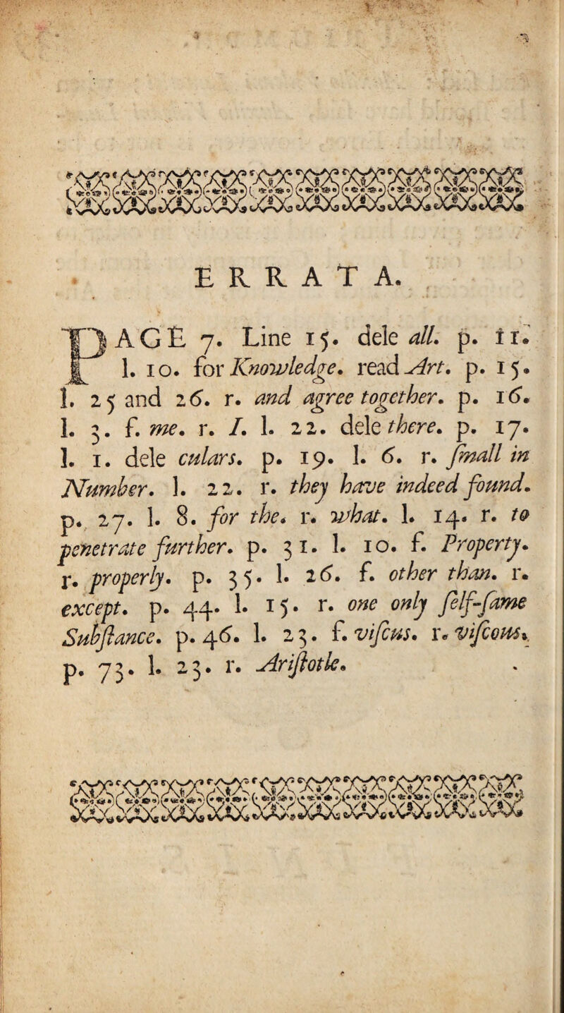 ERRATA. AGE 7. Line 15. dele all. p. lr. 1. 10. for Knowledge, read Art. p. 15. Î. 25 and 2 6. r. and agree together, p. 16. 1. 3. f. me. r. I. 1. 22. dele there, p. 17. 1. i. dele culars. p. 19. 1. 6. r. Jmall in Number. 1. 22. r. they have indeed found. p. 27. 1. 8. for the* r. what. 1. 14. r. to penetrate further, p. 31. 1. 10. f. Property. l\ properly, p. 35. 1. 26. f. other than. r. except, p. 44. 1. 15. r. one only felf-fame Subfiance, p. 46. 1. 23. f.vifcus. vivifions*. p. 73. 1. 23. r. Arifiotle.