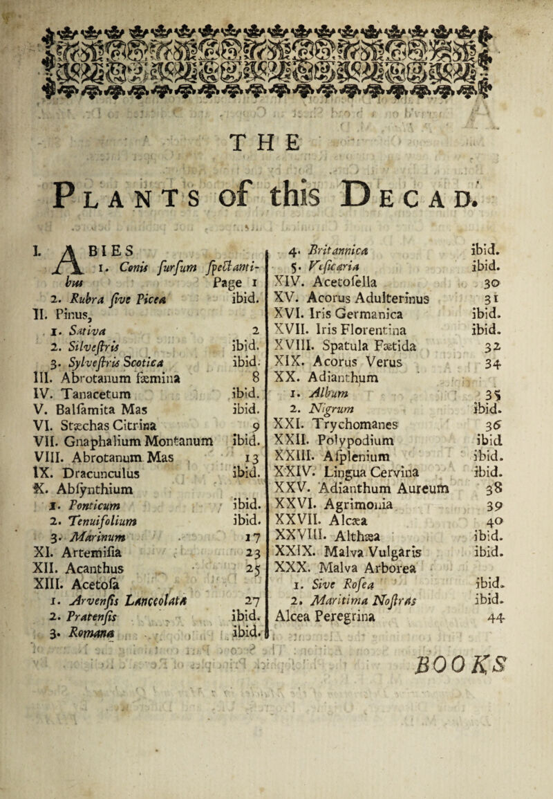 THE Plants of this Decad. si'ji i ; -. ; - . L ABIES 1. Conti furfum fiett anti- but Page 1 2. Rubra five Vice# 11. Pinus, ibid. . 1. Sativa 2 2. Silvcflrti ibid. 3. Sylveflrti Scone a ibid. III. Abrotanum fkmina 8 IV. Tanacetum ibid. V. Ballamita Mas ibid. VI. Stxchas Citrina 9 VII. Gnaphalium Montanum ibid. VIII. Abrotanum Mas 13 IX. Dracunculus ibid. K. Abiynthium * 4 1 • y I. Tonticum ibid. 2. Tenuifolium ibid. 3. Mannum 17 XI. Artemifia 23 XII. Acanthus 25 XIII. Acetola 1. Arvenfis Lanceolate 27 2. Fratenfis ibid. 3. Roman# , ibid. ■ >. . k 4. Britannica ibid. 5. F'tficaria ibid. XIV. Acetolella 30 XV. Acorus Adulterinus 31 XVI. Iris Germanica ibid. XVII. Iris Florentina ibid. XVIII. Spatula F&tida 32 XIX. Acorus Verus 34 XX. Adianthum 1. Album : 35 2. Nigrum ibid. XXI. Trychomanes 35 XXIL Polypodium ibid XXIII. Aipleniutn ibid. XXIV. Lingua Cervina ibid. XXV. Adianthum Aureum 38 XXVI. Agrimonia 39 XXVII. Alcaea 40 XXVIII. Althssa ibid. XXIX. Malva Vulgaris ibid. XXX. Malva Arborea 1. Sive Rofea ibid* 2. Maritima Nojlras ibid. Alcea Peregrina 44 BOOKS \
