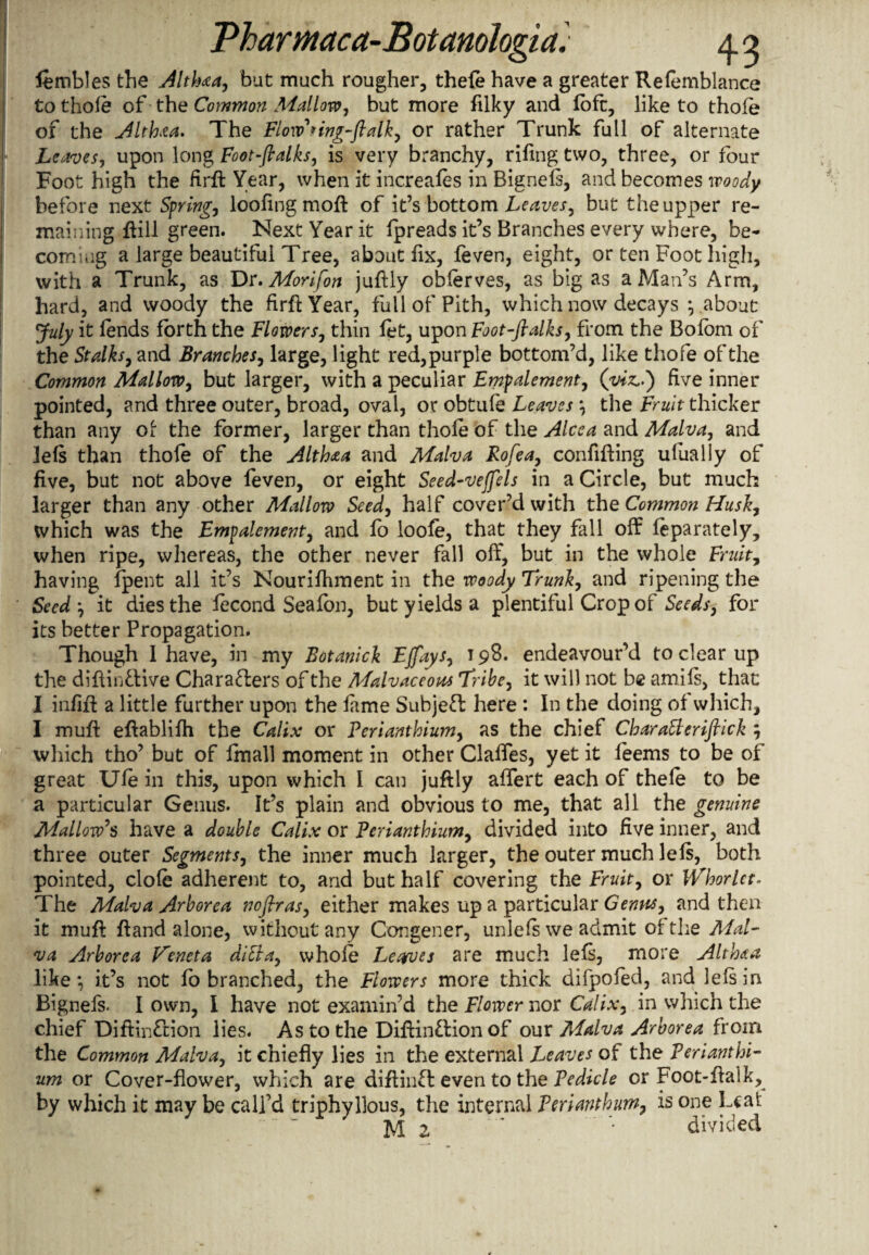 ft rubles the Althaa, but much rougher, theft have a greater Reftmblance to thoft of the Common Mallow, but more filky and loft, like to thofe of the Althaa. The Floxv nng-ftalk, or rather Trunk full of alternate Leaves, upon long Foot-flalks, is very branchy, riling two, three, or four Foot high the firfl: Year, when it increafts in Bigneft, and becomes woody before next Spring, looling molt of it’s bottom Leaves, but the upper re¬ maining Hill green. Next Year it Ipreads it’s Branches every where, be¬ coming a large beautiful Tree, about fix, ftven, eight, or ten Foot high, with a Trunk, as Dr. Morifon juftly obftrves, as big as a Man’s Arm, hard, and woody the firflYear, full of Pith, which now decays } about July it lends forth the Flowers, thin ftt, upon Foot-ftdks, from the Bolbm of the Stalks, and Branches, large, light red,purple bottom’d, like thofe of the Common Mallow, but larger, with a peculiar Empdement, (viz..’) five inner pointed, and three outer, broad, oval, or obtuft Leaves \ the Fruit thicker than any of the former, larger than thoft of the Alcoa and Malva, and dels than thoft of the Alth&a and Malva Rofea, confining ulually of five, but not above feven, or eight Seed-veffels in a Circle, but much larger than any other Mallow Seed, half cover’d with the Common Husk, which was the Empalement, and lo loofe, that they fall off ftparately, when ripe, whereas, the other never fall off, but in the whole Fruit, having fpent all it’s Nourilhment in the woody Trunk, and ripening the Seed', it dies the ftcond Seafon, but yields a plentiful Crop of Seeds, for its better Propagation. Though 1 have, in my Botanick Ejfays, 198. endeavour’d to clear up the diflinflive Chara&ers of the Mdvaceous Tribe, it will not be amifs, that I infill a little further upon the lame Subject here : In the doing of which, I mull: eftablilh the Calix or Perianthium, as the chief Char aft erijlick which tho’ but of fmall moment in other Clalfes, yet it feems to be of great Uft in this, upon which I can juftly alfert each of theft to be a particular Genus. It’s plain and obvious to me, that all the genuine Mdlow’s have a double Calix or Perianthium, divided into five inner, and three outer Segments, the inner much larger, the outer much left, both pointed, clofe adherent to, and but half covering the Fruit, or Whorlet. The Malva Arborea noflras, either makes up a particular Genus, and then it mull: Hand alone, without any Congener, unlefs we admit of the Aial- va Arborea Heneta difta, whole Leaves are much left, more Althaa like*, it’s not fo branched, the Flowers more thick difpofed, and left in Bignefs. I own, I have not examin’d the Flower nor Calix, in which the chief Diftinfrion lies. As to the Diftin&ion of our Mdva Arborea from the Common Malva, it chiefly lies in the external Leaves of the Peri ant hi- um or Cover-flower, which are diflinft even to the Pedicle or Foot-ftaik,^ by which it may be call’d triphyllous, the internal Perianthum, is one Leaf M2 * ' divided