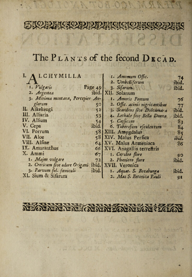 The Plants of the fecond Decad. V I. A LCHYMILLA ii 1. nig am Page 49 2. Argentea ibid. 3. Minima montana3 Pcreepier An- glorum 50 II. Alkekengt 52 III. . Alliaria 53 IV. Allium 54 V. Cepa ibid. VI. Porrum 58 VII. Aloe ' 58 VIII. Alfiae 64 IX. Amarantlius 66 X. Ammi 67 1. Majus vulgare 72 2. Cretkum five odore Origani ibid. 3. Varvum fol. foeniculi ibid. XL Sium & Sifarura 1. Amomum Offic. 2. Vmbcllifcrum 3. Sifarum. XII. Solanum 1. Amoris Vomum 2. Ojfic. acini s nigricantibus 3. Sc an dens five Dulcamara 4. Let hale five Bella Donna 5. Capficum 6. Tuberofum efculentum XIII. Amygdalus XIV. Malus Perlica XV. Malus Armeniaca xvr. Anagallis terreftris 1. Caruleo flore 2. Phaniceo flore XVII. Veronica I. Acguat. 5. Becabunga 2,. Mas• 5. Betonica Pauli 74 ibid. ibid. 75 77 ibid, ibid. 83, 84 8? ibid. 26 90 ibid. ibid. 91