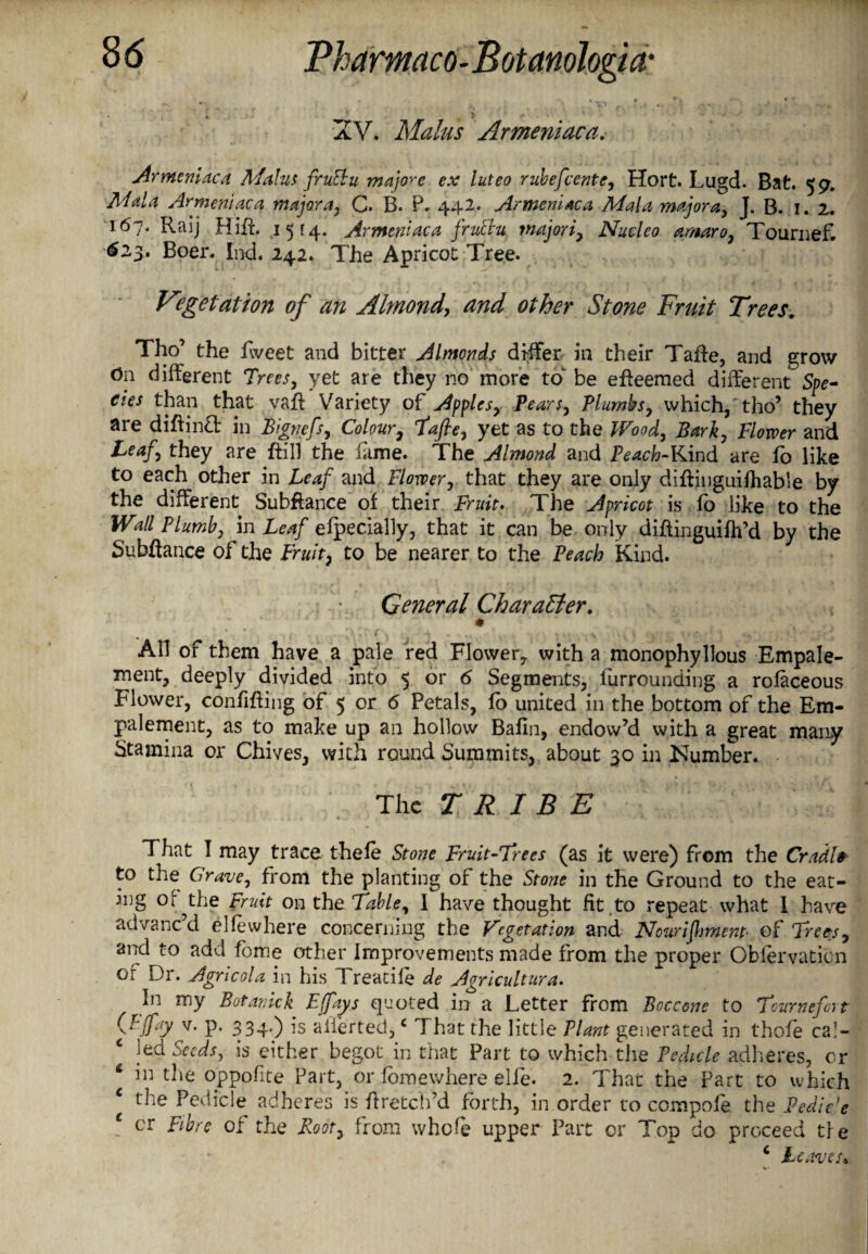 «. •> « 0 ** * 'f hT* , I » • } . < » » ■ . -1«f m XV. Mains Armeniaca. Armeniaca Alalus fruElu majo>'e ex luteo rubefcente, Hort. Lugd. Bat. 59. A/dh* Armeniaca major a, C. B. P. 442. Armeniaca Mala major a, J. B. 1. 2. 167. Raij Rift. 1514. Armeniaca jrutlu majors, Nucleo amaro, Tournef. ^23. Boer. Ind. 242. The Apricot Tree. Vegetation of an Almond, and other Stone Fruit Trees. Tho’ the fweet and bitter Almonds differ in their Tafte, and grow On different Trees, yet are they no more to be efteemed differentSpe- cies than that vaft Variety of Apples, Pears, Plumbs, which, tho’ they are diftinct in Bignefs, Colour, Tafle, yet as to the Wood, Bark, Flower and Leaf, they are ftill the fame. The Almond and Peach-Kind are lo like to each other in Leaf and Flower, that they are only diftinguifhable by the different Subfiance of their Fruit. The Apricot is fo like to the Wall Plumb, in Leaf elpecially, that it can be only diffinguifh’d by the Subftance of the Fruit, to be nearer to the Peach Kind. General Character. m All of them have a pale red Flower, with a monophyllous Empale- ment, deeply divided into 5 or 6 Segments, furrounding a rofaceous Flower, confifting of 5 or 6 Petals, fo united in the bottom of the Em- palement, as to make up an hollow Bafin, endow’d with a great many Stamina or Chives, with round Summits, about 30 in Number. The TRIBE That I may trace thefe Stone Fruit-Trees (as it were) from the Cradle to the Grave, from the planting of the Stone in the Ground to the eat¬ ing or the Fruit on the Table, I have thought fit ,to repeat what 1 have advanc’d ellewhere concerning the Vegetation and Nourishment' of Trees, and to add feme other Improvements made from the proper Oblervaticn or Dr. Agricola in his Treadle de Agricult ur a. I11 mY Botanick Ejfays quoted in a Letter from Boccone to Tournefcrt (LJfay v* P* 334-) is aiierted,c I hat the little Plant generated in thofe cal¬ led Seeds, is either begot in that Part to which the Pedicle adheres, or * in the oppofite Part, or lomewhere elfe. 2. That the Part to which ‘ the Pedicle adheres is ft retch’d forth, in order to compofe the Pedicle c cr Libre of the Root, from whole upper Part or Top do proceed tie c Leaves»