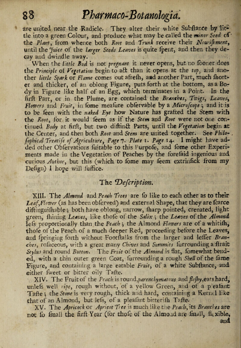 are united near the Radicle. They alter their white Subfiance by lit¬ tle into a green Colour, and produce what may be called the minor Seed of* the Plant, from whence both Root and 'Trunk receive their Now lament, until the Juice of the larger Seeds Leaves is quite Ipent, and then they de¬ cay and dwindle away. . , When the little Bud is not pregnant it never opens, but no fboner does the Principle of Vegetation begin to atl than it opens at the top, and ano¬ ther little Spark or Flame comes out afrefh, aad another Part, much fliort- er and thicker, of an oblong Figure, puts forth at the bottom, as a Bo¬ dy in Figure like half of an Egg, which terminates in a Point. In the firfl Part, or in the Plume, are contained the Branches, Twigs, Leaves, Flowers and Fruit, in fome mealure obfervable by a Microfcope , and it is to be feen with the naked Eye how Nature has grafted the Stem with the Root, for it would leem as if the Stem and Root were not one con¬ tinued Body at firfl, but two diftinft Parts, until the Vegetation begin at the Center, and then both Root and Stem are united together. See Philo- fophical Treatife of Agriculture, Page 7. Plate 1. Page 14. I might have ad¬ ded other Obfervations fuitable to this Purpole, and fome other Experi¬ ments made in the Vegetation of Peaches by the forefaid ingenious and curious Author, but this (which to lome may leem extrinlick from my Defign) I hope will fuffice. The TDefcription, XIII. The Almond and Peach Trees are lb like to each other as to their Leaf,Flower (as has been oblerved) and external Shape, that they are fcarce diftinguifhable*, both have oblong, narrow, lharp pointed, crenated, light green, fhining Leaves, like thole of the Salix \ the Leaves of the Almond lefs proportionally than the Peach *, the Almond Flowers are of a whitifh, thole of the Peach of a much deeper Red, proceeding before the Leaves, and Ipringing forth without Footfialks from the larger and leffer Bran¬ ches, rofaceous, with a great many Chives and Summits furrounding a Erait Stylus and round Button. The Fruit of the Almond is Hat, lomewhat bend¬ ed, with a thin outer green Coat, furroundinga rough Shell of the lame Figure, and containing a large eatable Fruit, of a white Subfiance, and either fweet or bitter oily Talte. XIV. The Fruit of the Peach is round,parenchymatous and flcjhy,eatshard, unlels well ripe, rough without, of a yellow Green, and of a p ealant Tafte } the Stone is very rough, thick and hard, containing a Kernel like that of an Almond, but lefs, of a plealant bitterilh Tafle. XV. The Apricock or Apricot Tree is much like the Peach, its Branches are not fo final! the firft Year (for thofe of the Almond are firndl, ILxible, and