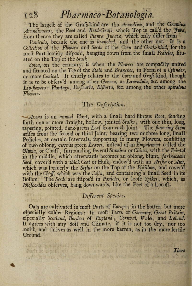 The larged of the Grafs-kind are the Anmiines, and the Gramm% Arundinacea •, the Reed and Reed-Grafs, whofe Top is call’d the Juba, from thence they are called Plants, Jubats, which only differ from Vavicida, becaufe the one is branched, and the other not. It is a Collsttion of the Flowers and Seeds of the Corn and Grafs-kind, for the mod Part loofely difpos’d, hanging down from the fmall Pedicles, fitu- ated on the Top of the Stalk Spica, on the contrary, is when the Flowers are compactly united and fituated on the Top of the Stalk and Branches, in Form of a Cylinder, or more Conical It chiefly relates to the Corn and Grafs-kinA, though it is to be obferv’d among other Genera, as Lavendula, 8cc. among the Lip-flowers: Plantago, Pevflcaria, Biflorta, &c. among the other apetalous Flowers. The Defcription. Avena is an awwaZ Phwt, with a fmall hard fibrous Root, fending forth one or more ftraight, hollow, jointed Stalks h with one thin, long, tapering, pointed, dark-green Leaf from each Joint. The flowering Stem arifes from the fecond or third Joint, bearing two or three long, fmall Pedicles, at certain Intervals, fupporting fo many Flowers, confiding of two oblong, cavous green Leaves, inftead of an Empalement called the Glnma, or Chaff ^ furrounding feveral Stamina or Chives, with the Pointal in the middle, which afterwards becomes an oblong, blunt, farinaceous Seed, cover'd with a thick Coat or Hufk, endow’d with an Arifta or Aun, which was formerly the Stylus on the Top of the Piflillum, and cover’d with the Chaff, which was the Calix, and containing a fmall Seed in its Bofom. The Seeds are difpos’d in Panicles, or loofe Spikes ^ which, as Biofcorides obferves, hang downwards, like the Feet of a Locud. Different Species. Oats are cultivated in mod: Parts of Europe \ in the hotter, but more efpecially colder Regions: In mod Parts of Germany, Great Britain, efpecially Scotland, Borders of England $ Cornwal, Wales, and Ireland. It agrees with any Soil P.nd Climate, if it is not too dry, nor too moift, and thrives as well in the more barren, as in the more fertile Ground. There