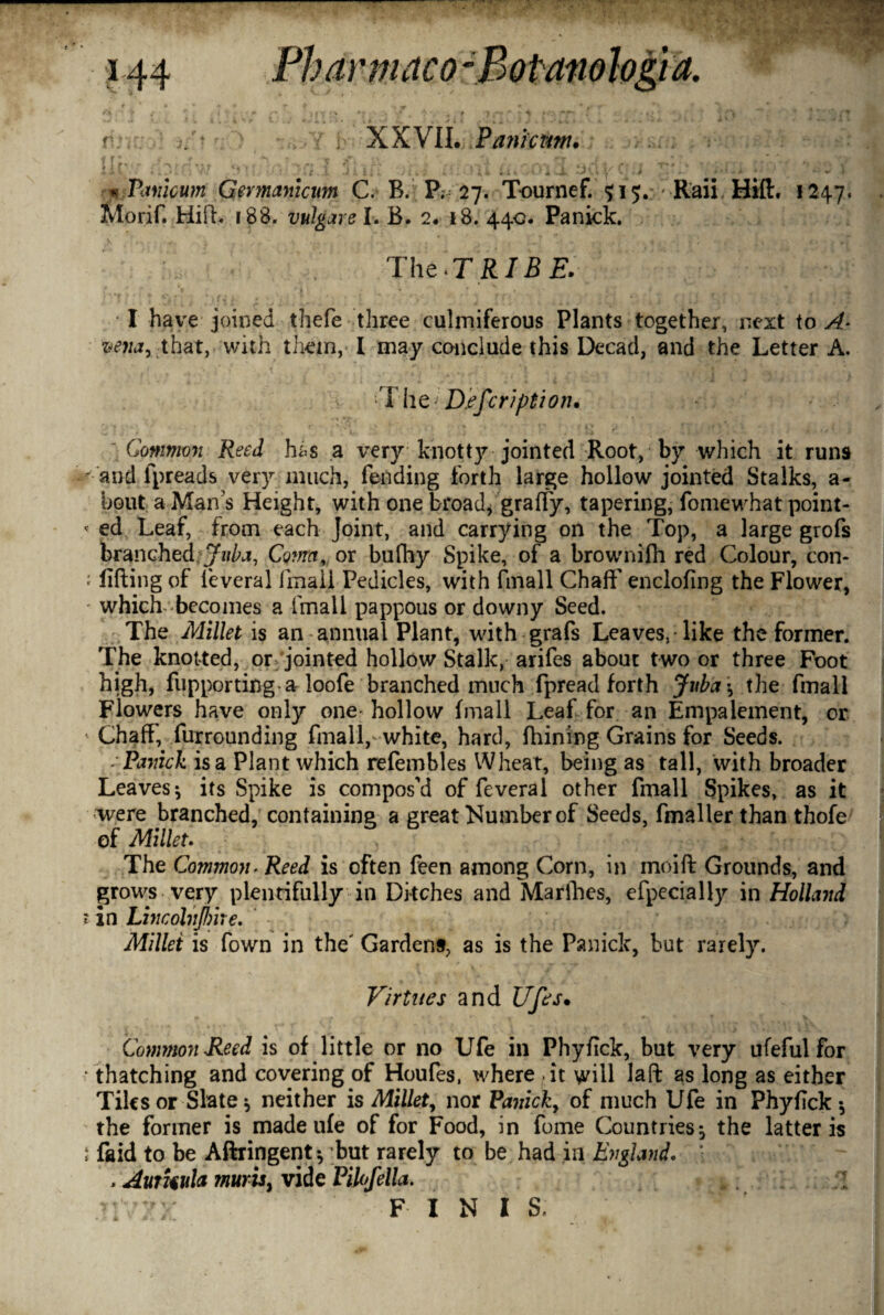 f';. -Y i XXVII. Pariictm. m . f • j > • t ^ i 'll ^ *r. \ . if ■ v . . a, ,-i.s #- •• • - * iPavicum Germanicum C. B. P. 27. Tournef. $ 15. - Ran Hilt. 1247. Morif. Hifh k 88. vulgare I. B. 2. 18. 44c. Panick. The.TRJ5£. *1 have joined thefe three culmiferous Plants together, next to A- vena, .that, with them, I may conclude this Decad, and the Letter A. 1 he > Description. “ Common Reed has a very knotty jointed Root, by which it runs - and fpreads very much, fending forth large hollow jointed Stalks, a- bout a Man's Height, with one broad* graffy, tapering, fomewhat point- * ed Leaf, from each Joint, and carrying on the Top, a large grofs branched/jhi/vi, Coma, or buflry Spike, of a brownifh red Colour, con- ' lifting of ieveral (mail Pedicles, with fmall Chaff enclofing the Flower, * which becomes a fmall pappous or downy Seed. The Millet is an annual Plant, with grafs Leaves, like the former. The knotted, or jointed hollow Stalk, arifes about two or three Foot high, fupporting a loofe branched much fpread forth Juba * the fmall Flowers have only one hollow fmall Leaf for an Empalement, or Chaff', furrounding fmall, white, hard, Ihining Grains for Seeds. Panick is a Plant which refembles Wheat, being as tall, with broader Leaves^ its Spike is compos’d of feveral other fmall Spikes, as it were branched, containing a great Number of Seeds, fmaller than thofe of Millet* The Common. Reed is often feen among Corn, in moift Grounds, and grows very plentifully in Ditches and Marihcs, efpecially in Holland 1 in LincolnJIme. Millet is fown in the Gardens, as is the Panick, but rarely. Virtues and Ufes. Common Reed is of little or no Ufe in Phyfick, but very ufeful for ■ thatching and covering of Houfes, where it will laft as long as either Tiles or Slate * neither is Millet, nor Panicky of much Ufe in Phyfick •, the former is made ufe of for Food, in fome Countries-, the latter is $ faid to be Aftringent * but rarely to be had in England. * , Aumula min is, vide Pilofella. .. FINIS \