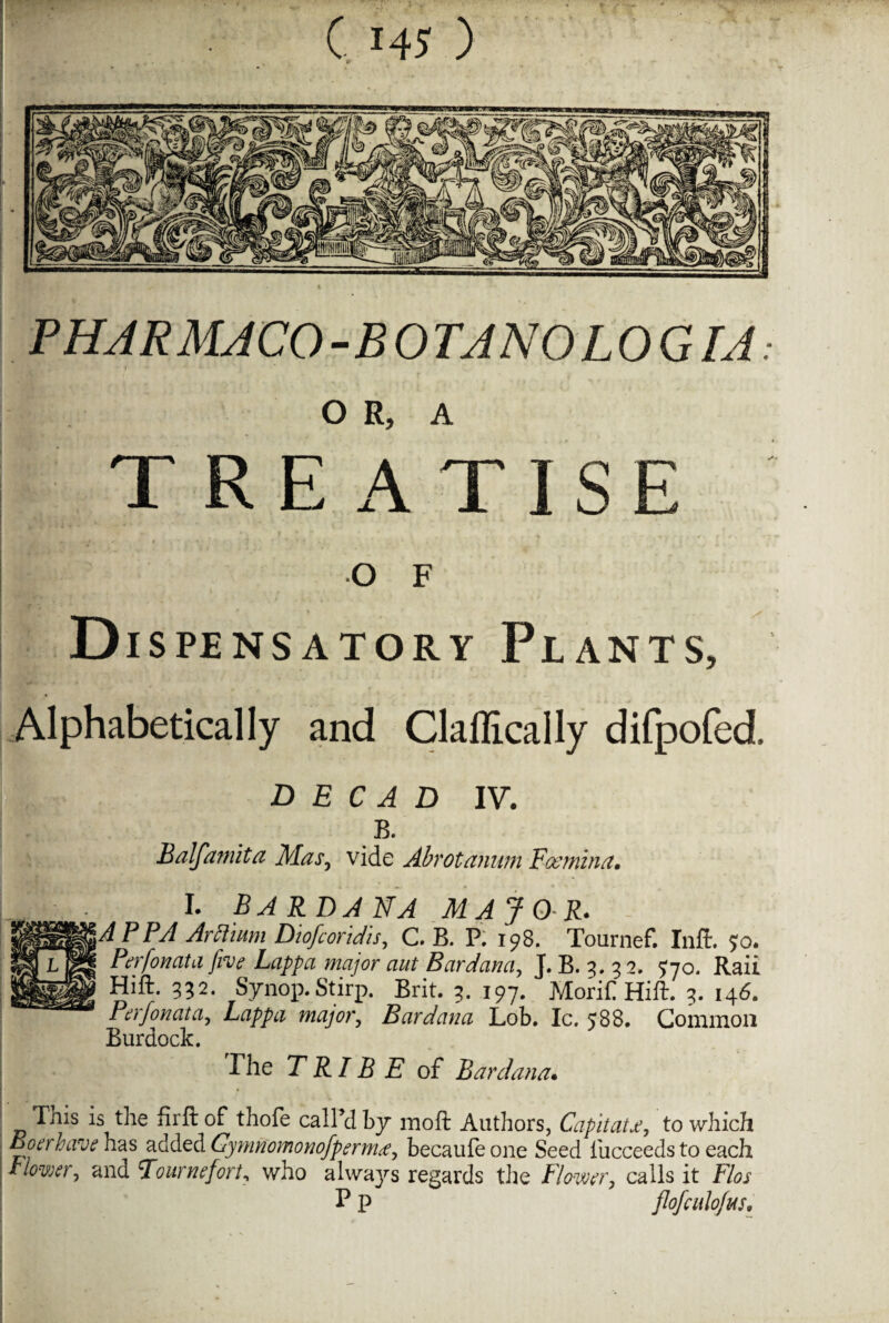 PHARMACO-BOTANOLOGI A OR, A TREATISE D ISPENSATORY PLANTS, * * Alphabetically and Claflically difpofed. d e c A D iv. B. Balfamita Mas, vide Abrotannm Fa: min a. I. BARDANA MAJOR. A PPA ArBium Diofcoridis, C. B. P. 198. Tournef. Inft. 5:0. Perfonata five Lappa major aut Bardana, J. B. 3. 3 2. 770. Rail Hift. 332. Synop. Stirp. Brit. 3. 197. Morif Hift. 3. 146. Perfonata, Lappa major, Bardana Lob. Ic. 588. Common Burdock. The TRIBE of Bardana• This is the firft of thofe call’d by moft Authors, Capitate, to which Boer have has added Gymnomonofpermce, becaufe one Seed iucceeds to each I lower, and Tournefort, who always regards the Flower, calls it Flos P P flofcalofus„