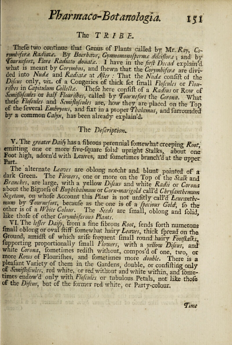 The TRIBE. Thefe two continue that Genus of Plants called by Mr. Ray, Co- rymbiferp Radiate. By Boerhave,. Gymnomonofpernu difciflorx ; and by Tournefort, tlore Radiato donate. I have in the firft Dscad explain’d what is meant by Corymbus, and fhewn that the Cory mb i fey .c are divi¬ ded into Nad* and Radiate at After : That the Nud<e confift of the DifcuS' only, viz. of a Congeries of thick fet fmall Flofcules or F/oa- X r Collect*. Thefe here confift of a Radius or Row of Semiflojades or half Flourishes, called by Tournefort the Corona. What thefe tlojcides and Semiflofcules are, how they are placed on the Top of the leveral Embryons, and fixt in a proper Thalamus, and furrounded by a common Calyx, has been already explain’d. The Defcription. V. The greater Dai fy has a fibrous perennial fo me what creeping Root emitting one or more five-fquare folid upright Stalks, about one foot high, adorn d with Leaves, and fometimes branch’d at the unner Part. rA The alternate Leaves are oblong notcht and blunt pointed of a clark Green. The Flowers, one or more on the Top of the Stalk and Branches, are large, with a yellow Difcus and white Radii or Corona about the Bignefs of Buphthalmum or Corn-marigold call’d Chryfinthemum Segetum, on whofe Account this Plant is not unfitly call’d Leucanthe- nmm by H our nefort, becaufe as the one is of a fpecious Gold fo the other is of a\ White Colour. The Seeds are fmall, oblong and folid like thole of other Corymbiferous■ Plants. 3 VI- Phe leffer Daify, from a fine fibrous Root, fends forth numerous lmall oblong or oval ftiff fomewhat hairy Leaves, thick fpread on the Ground, amidft of which arife frequent fmall round hairy Fooftalks fuPP°rting proportionally fmall Flowers, with a yellow Difcus, and white Corona, fometimes redilh without, compos’d of one, two, or more Rows of Flourifhes, and fometimes more double. There ’is a pleafant Variety of them in the Gardens, double, or confiftirig only of Semiflofcules, red white, or red without and white within, and fome¬ times endow'd only with Flofcules or tubulous Petals, not like thofe of the Difcus, but of the former red white, or Party-colour.