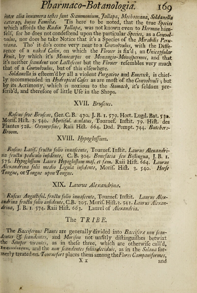 inter alia trimmer a teftes funt Sc ammonium, Jallapa, Mechoacanay Sold an ell a cceteraqs hujus Famtlia* Tis here to he noted, that the true Species which affords the Radis Jallap#, was not known even to Herman him- fie If, for he does not coildefcend upon the particular Species, as a Convol¬ vulus, nor does he take Notice that its a Species of the Mirabilis Peru- viana. Tho’ it do’s come very near to a Convolvulus, with the Diffe¬ rence of a naked Calix, on which the Flower is fix’d ^ an Unicapfular Fruit, by which it’s Monocarpos or Monangio-Monofpermos, and that it’s neither fcandent nor Laftefcent but the Flower refembles very muqh that of a Convolvulus, but of this elfewhere. Soldanella is efteem’dby all a violent Purgative and Emetick, is chief¬ ly recommended in Hydropical Cafes as are moll of the Convolvuli , but by its Acrimony, which is noxious to the Stomachy it’s feldom pre- ferib’d, and therefore of little Ufe in the Shops. XVIL Brufcus. Rufcus five Brufcus, Ger.C B. 470. J. B. 1. 779. Hort. Lugd. Bat. 739, Morif. Hift. 3. 740. Myrtifol. ambitus, Tournef. Inftit. 79. Hitt, des Plantes 728. Oxymyrfine, Raii Hitt. 664. Dod. Pempt. 744. Butchers- Broom. XVIII. Hypoglojjiim. Rufcus Latifi fruftu folio innafeente, Tournef. Inftit. Laurus Alexandria na fruftu pediculo infidente, C. B. 304. Bone facia feu Bi/lingua, J. B. 1. 577* Hypogloffum Lauro Hypoglojjum maf et fan. Raii Hitt. 664. Laurus Alexandrinafolii medio Ligula infidente, Morif, Hift. 3. 5;40. Horfe 'Tongue, or tongue upon Tongue. XIX. Laurus Alexandria a* Rufcus Anguftifol. fruitu folio innafeente, Tournef. Inftit. Laurus Alex¬ andrian fruftii folio Infidente, C.B. 305;. Morif. Hift.3. 741. Alexan- J. B. 1. 774* Raii Hift. 663. Laurel of Alexandria. The TRIBE. The Bacciferous Plants are generally divided into Bacciferee non fcan- dentes & fcandentes, and Morifon not unfitly diftinguilhes betwixt the Semper virentes, as in thefe three, which are otherwife call’d, E^i(tuAAoy.af7roj, and the non fcandentes foliis deciduis, as in the Sola mi for- ifi-erly treated on, Tournefor t places them among the Flores C amp aniformes, X x and