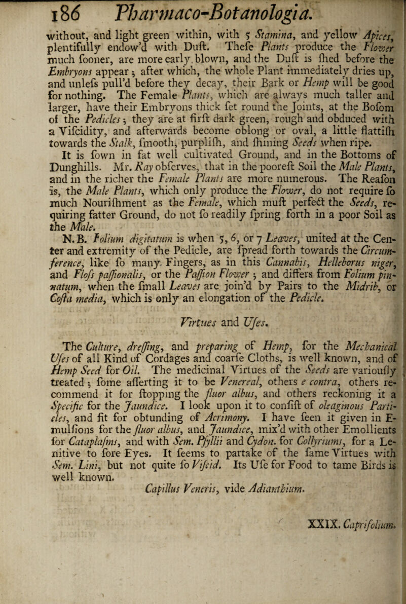 without, and light green within, with $ Stamina, and yellow Apices, plentifully endow’d with Dull. Thefe Plants produce the Flower much fooner, are more early, blown, and the Duft is filed before the Embryons appear ^ after which, the whole Plant immediately dries up, and unlefs pull’d before they decay, their Bark or Hemp will be good for nothing. The Female Plants, which are always much taller and larger, ha\re their Embryons thick fet round the Joints, at the Bofom of the Pedicles ♦, they are at firft dark green, rough and obduced with a Vifcidity, and afterwards become oblong or oval, a little flattifh towards the Stalk, fmooth, purplifh, and fhining Seeds when ripe. It is fown in fat well cultivated Ground, and in the Bottoms of Dunghills. Mr. Ray obferves, that in the pooreft Soil the Male Plants, and in the richer the Female Plants are more numerous. The Reafon is, the Male Plants, which only produce the Flower, do not require fo much Nourifhment as the Female, which muft perfect the Seeds, re- quiring fatter Ground, do not fo readily fpring forth in a poor Soil as the Male. N.B. folium digitatmn is when 5, 6, or 7 Leaves, united at the Cen¬ ter and extremity of the Pedicle, are fpread forth towards the Circum¬ ference, like fo many Fingers, as in this Cannabis, Helleborus niger, and Flofs paffionalis, or the Paffion Flower *, and differs from Folium pin- 71 atum, when the fmall Leaves are join’d by Pairs to the Midrib, or Cojfa media, which is only an elongation of the Pedicle. Virtues and Ufes. The Culture, dreffing, and preparing of Hemp, for the Mechanical Ufes of all Kind of Cordages and coarfe Cloths, is well known, and of Hemp Seed for Oil. The medicinal Virtues of the Seeds are varioufly treated *, fome afferting it to be Venereal, others e contra, others re¬ commend it for flopping the fluor albus, and others reckoning it a Specific for the Jaundice. I look upon it to confifl of oleaginous Parti- cles, and fit for obtunding of Acrimony. I have feen it given in E- mulfions for the fluor albus, and Jaundice, mix’d with other Emollients for Cataplafms, and with Sem. Pfyllii and Cydon. for Collyriums, for a Le¬ nitive to fore Eyes. It feems to partake of the fame Virtues with Sem. Lini, but not quite fo Vifcid. Its Ufe for Food to tame Birds is well known. Capillus Veneris, vide Adianthium> XXIX. Capri folium*