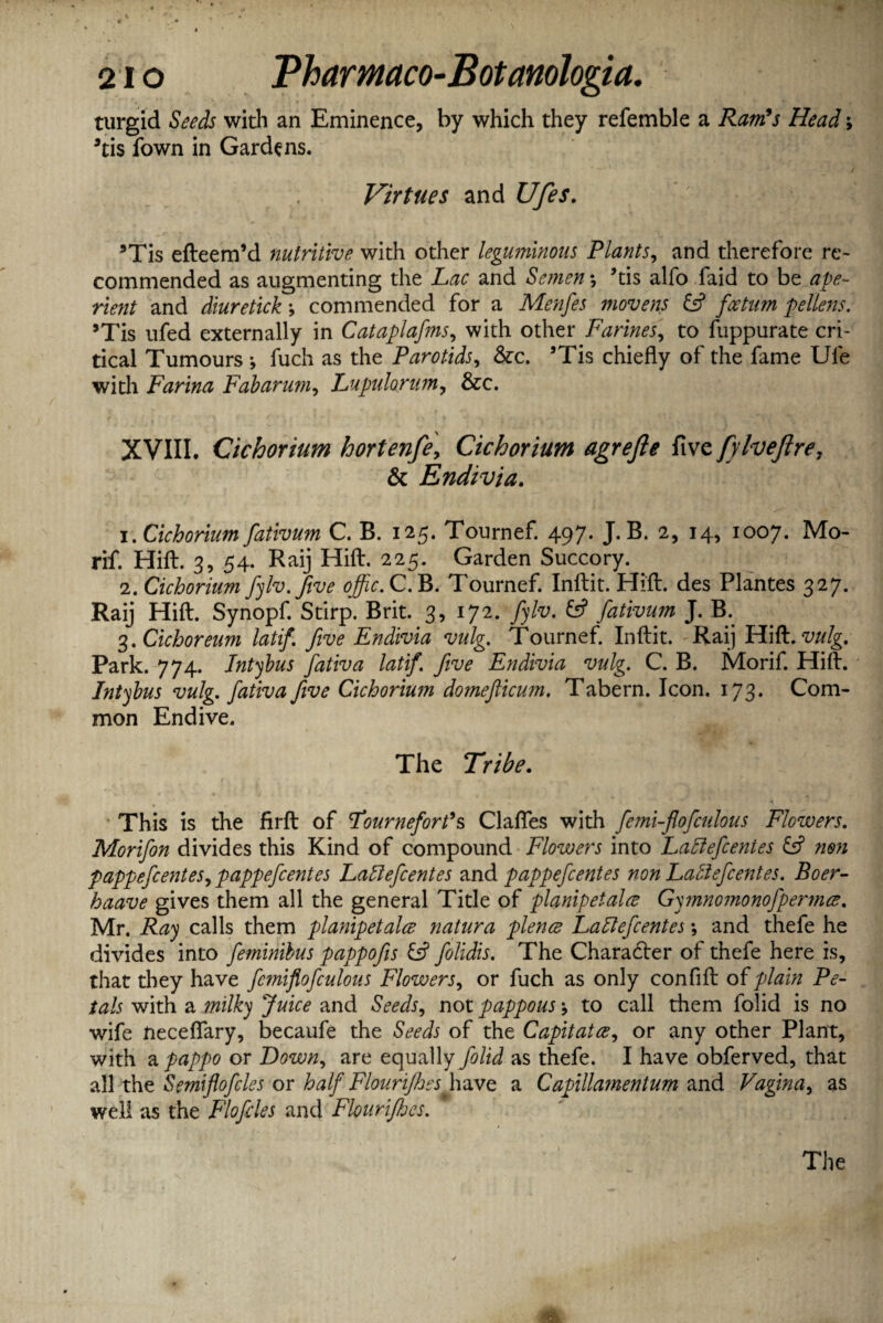 turgid Seeds with an Eminence, by which they refemble a Ram's Head \ 9ti$ fown in Gardens. Virtues and Ufes. 9Tis efteem’d nutritive with other leguminous Plants, and therefore re¬ commended as augmenting the Lac and Semen *, ’tis alfo faid to be ape¬ rient and diuretick \ commended for a Menfes movens & fee turn pellens. ’Tis ufed externally in Cataplafms, with other Farines, to fuppurate cri¬ tical Tumours ; fuch as the Parotids, &c. ’Tis chiefly of the fame Ufe with Farina Fabarum, Lupulorum, &c. XVIII. Cichorium hortenfe, Cichorium ugrefie five fyfaeftre, 6c Endivia. 1. Cichorium fativum C. B. 125. Tournef. 497. J. B. 2, 14, 1007. Mo- rif. Hift. 3, 54. Raij Hilt. 225. Garden Succory. 2. Cichorium fylv.five ojfic. C.B. Tournef. Inftit. Hift. des Plantes 327. Raij Hift. Synopf. Stirp. Brit. 3, 172. yj’fo. & fativum J. B. 3 .Cichoreum latif. five Endivia vulg. Tournef. Inftit. Raij Hift. vulg. Park. 774. Intybus fativa latif. five Endivia vulg. C. B. Morif. Hift. Intybus vulg. fativa five Cichorium domeflicum. Tabern. Icon. 173. Com¬ mon Endive. The Tribe. This is the firft of Fournefort's Clafles with femi-flofculous Flowers. Morifon divides this Kind of compound Flowers into Laftefcentes £5? non pappefeentes, pappefeentes Laffefcentes and pappefeentes non Laciefcentes. Boer- haave gives them all the general Title of planipetalce Gymnomonofpermce. Mr. Ray calls them planipetalcB natura plence Ladefcentes •, and thefe he divides into feminibus pappofes & folidis. The Character of thefe here is, that they have fcmifiofculous Flowers, or fuch as only confift of plain Pe¬ tals with a milky Juice and Seeds, not pappous * to call them folid is no wife neceflary, becaufe the Seeds of the Capitatce, or any other Plant, with a pappo or Down, are equally folid as thefe. I have obferved, that all the Semiflofcles or half Flourifhes have a Capillamentum and Vagina, as well as the Flofcles and Flourifhes. The