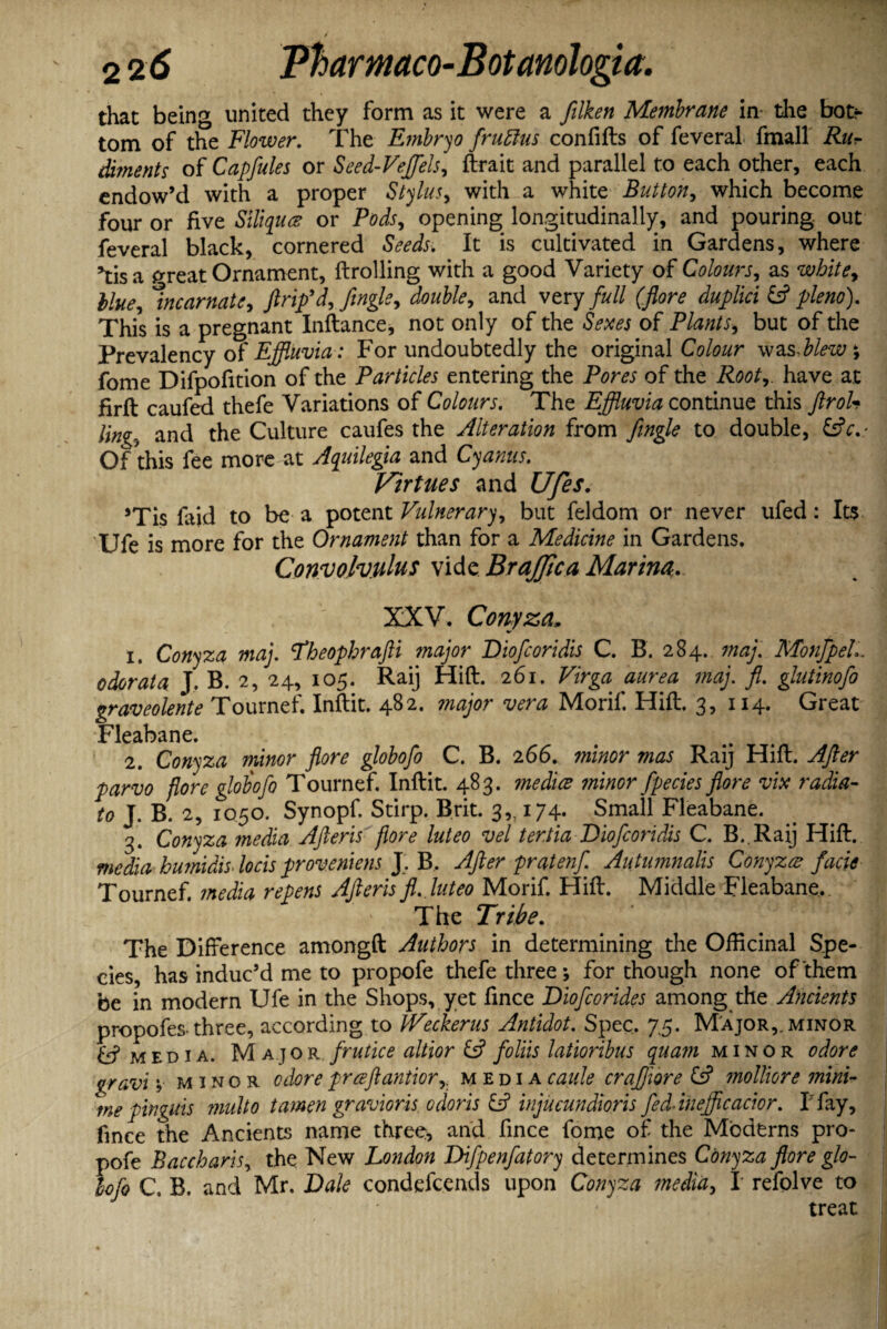 that being united they form as it were a filken Membrane in the bot¬ tom of the Flower. The Embryo fruttus confids of feveral fmall Rur diments of Capfules or Seed-Veffels, ftrait and parallel to each other, each endow’d with a proper Stylus, with a white Button, which become four or five Siliqua or Pods, opening longitudinally, and pouring out feveral black, cornered Seeds. It is cultivated in Gardens, where ’tisa Preat Ornament, drolling with a good Variety of Colours, as white. Hue, Incarnate, ftrifd,ftngle, and very full (flare duplici & plena). This is a pregnant Indance* not only of the Sexes of Plants, but of the Prevalency of Effluvia: For undoubtedly the original Colour was Mew ; fome Difpofition of the Particles entering the Pores of the Root,, have at firft caufed thefe Variations of Colours. The Effluvia continue this ftroU ling., and the Culture caufes the Alteration from ftngle to double, &V./ Of this fee more at Aquilegia and Cyanus. Virtues and Ufes. 5Tis faid to be a potent Vulnerary, but feldom or never ufed: Its Ufe is more for the Ornament than for a Medicine in Gardens. Convolvulus vide Brajfica Marina. XXV. Conyza, 1. Conyza map ‘Theophrafti major Diofcoridis C. B. 284. map Monfpel.. odorata J. B. 2, 24, 105. Raij Hid. 261. Virga aurea maj. ft. glutinofo graveolente Tournef. Inftit. 482- major vera Morif. Hid. 3, 114. Great Fleabane. 2. Conyza minor fore globofo C. B. 266. wi/wr Raij Hid. After parvo fore globofo Tournef. Indit. 483. medics minor fpecies flore vix radia- to J. B. 2, 1050. Synopf. Stirp. Brit. 3,, 174. Small Fleabane. 3. Conyza tnedia Afteris flore luteo vel terJia Diofcoridis C. B. Raij Hid. media humidis- locis prove mens J. B. After pratenf Autumnalis Conyzcs facie Tournef. media repens Afteris ft. , luteo Morif. Hid. Middle Fleabane. The Tribe. The Difference amongd Authors in determining the Officinal Spe¬ cies, has induc’d me to propofe thefe three * for though none of'them be in modern Ufe in the Shops, yet fince Diofcorides among the Ancients propofes-three, according to tVeckerus Antidot. Spec. 75. Major,, minor Cf* media. Major frutice altior & folds latioribus quam minor odore gravi v minor odore prceftantior,. media cattle craftiere molliore mini- me pinguis multo tamen gravioris odoris & injucundioris fed-ineffic actor. I fay, fince the Ancients name three, and fince fome of the Moderns pro¬ pofe Baccharis, the New London Difpenfatory determines Conyza flore glo- lofo C, B. and Mr, Dak condefcends upon Conyza media, I refolve to treat