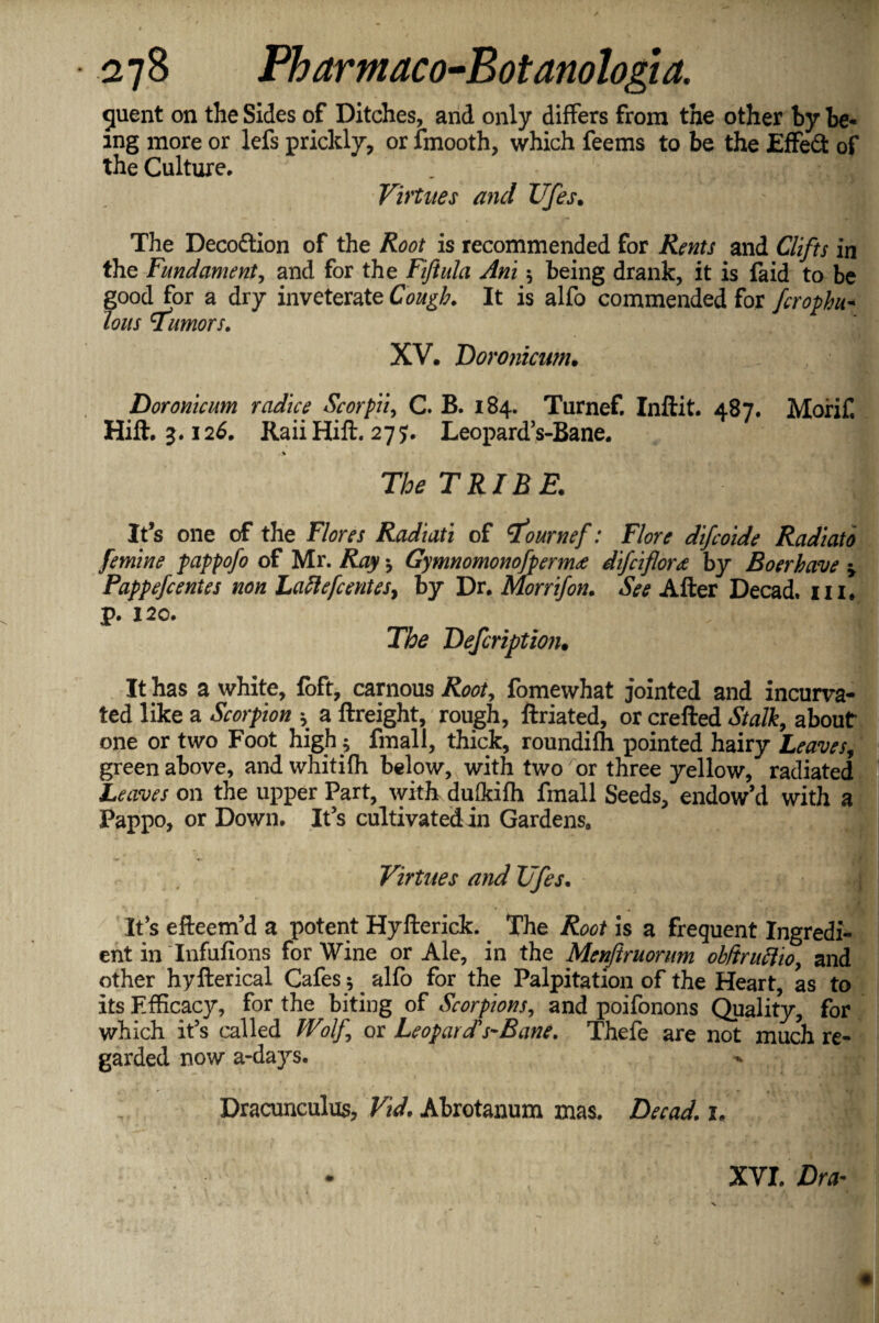 guent on the Sides of Ditches, and only differs from the other by be¬ ing more or lefs prickly, or fmooth, which feems to be the Effect of the Culture. _ \ j Virtues and Vfes. The Deco&ion of the Root is recommended for Rents and Clifts in the Fundament, and for the Fiftula Ani * being drank, it is faid to be good for a dry inveterate Cough. It is alfo commended for fcrophu- lous Tumors. XV. Doronicum• Doronicum radioe Scorpii, C. B. 184. Turnef. Inftit. 487. Morif. Hift. 3.126. Raii Hift. 275;. Leopard’s-Bane. The TRIBE. It’s one of the Flores Radiati of Tournef: Flore difeoide Radiato femine pappofo of Mr. Ray * Gymnomonofpermee difciflorby Boerhave * Pappefcentes non Lafte[centesy by Dr. Morrifon. See After Decad. in. p. 12c. ’ V * ’iS The Defcription. It has a white, foft, carnous Root, fomewhat jointed and incurva- ted like a Scorpion * a ftreight, rough, ftriated, or crefted Stalk, about one or two Foot high.* fmall, thick, roundifh pointed hairy Leaves, green above, and whitifh below, with two or three yellow, radiated Leaves on the upper Part, with dufkifh fmall Seeds, endow’d with a Pappo, or Down. It’s cultivated in Gardens. Virtues and Ufes. It’s efteem’d a potent Hyfterick.. The Root is a frequent Ingredi¬ ent in Tnfufions for Wine or Ale, in the Menftruorum obftruftio, and other hyfterical Cafes * alfo for the Palpitation of the Heart, as to its F.fficacy, for the biting of Scorpions, and poifonons Quality, for which it’s called Wolf, or Leopard's-Bane. Thefe are not much re¬ garded now a-days. Dracunculus, Vid. Abrotanum mas. Decad. 1. XVI. Dm•