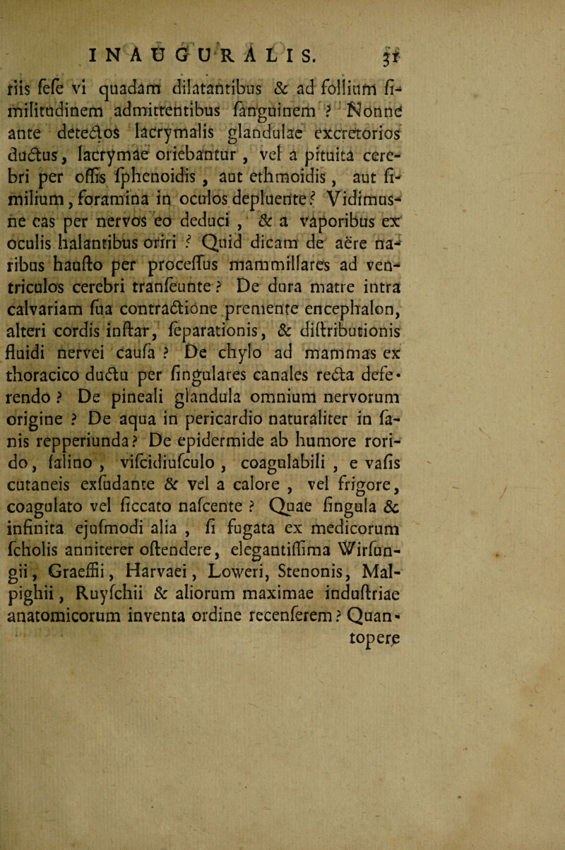 riis fele vi quadam dilatantibus & ad follium A- rnifitudinem admittentibus fanguinem ? Nonne ante deteOloS lacry malis glandulae excretorios dudtus, lacrymae oriebantur, vel a pituita cere¬ bri per offis Iphenoidis, aut ethmoidis, aut A- milrum, foramina in oculos depluente? Vidimus-* ne cas per nervos eo deduci , & a vaporibus ex oculis halantibus oriri ? Quid dicam de aere na¬ ribus haufto per procelfus mammillares ad ven¬ triculos cerebri tranleunte ? De dura matre intra calvariam fua contradtione premente encephalon, alteri cordis inftar, leparationis, & diftributionis fluidi nervei caufa ? De chylo ad mammas ex thoracico dudtu per Angulares canales rebta defe¬ rendo ? De pineali glandula omnium nervorum origine ? De aqua in pericardio naturaliter in la¬ nis repperiunda ? De epidermide ab humore rori¬ do , lalino , vifcidiufculo , coagulabili , e vafls cutaneis exfudante & vel a calore , vel frigore, coagulato vel Accato nafcente ? Quae Angula 8c inflnita ejufmodi alia , A fugata ex medicorum fcholis anniterer offendere, elegantiflima Wirfun- gii, Graeffii, Harvaei, Loweri, Stenonis, Mal- pighii, Ruyfchii & aliorum maximae induftriae anatomicorum inventa ordine recenferem? Quan¬ topere