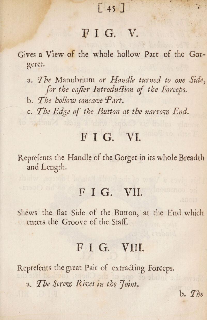 [45 ] F I G. V. Gives a View of the whole hollow Part of the Gor- geret. a. The Manubrium or Handle turned to one Side, for the eajier Introduction of the Forceps. b. The hollow concave Fart. c. The Edge of the Button at the narrow End. F I G. VI. Reprefents the Handle of the Gorget in its whole Breadth and Length. F I G. VII. Shews the flat Side of the Button, at the End which enters the Groove of the StaiF. F I G. VIII. Reprefents the great Pair of extradting Forceps, a. The Screw Rivet in the Joint. b. The