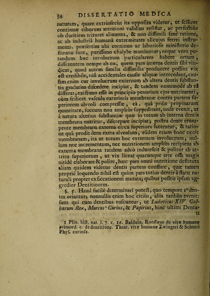 mturarn, quare extrinfecus ita oppofita videtur, ut fcilicet: continuae ciborum attritioni validius refiftat, ac peifedfius ob duritiem trituret alimenta, & non diftimili fane ratione, ac ab induftria humana extremitates aKcujus ferrei inftru- menti, praefertim ubi continuo ac laboriofo minifterio de- ftinatae funt, puriflimo chalybe muniuntur 5 neque vero pu¬ tandum hoc involucrum particularem habere ortum , differentem nempe ab eo , quem pars interna dentis flbi vin¬ dicat, quod autem fimilia diffimilia producere poffint vix eft credibile, nifi accidentales caufae aliqua intercedant, cau- fkm enim cur involucrum externum ab altera dentis fubftan- tia gradatim difcedere incipiat, & tandem omnimode ab ecl differat, exiftimo effe in principio penuriam ejus nutrimenti, ciim fcilicet vafcula exterioris membrana contra partem fu- periorem alveoli comprefEc ea , qua prius propinarunt quantitate, fuceum non amplius fuppeditant,unde evenit, ut a natura alterius fubfkntiae quas in totum ab interna dentis membrana nutritur, diferepare incipiat* poftea dente erum¬ pente membrana externa circa fuperiora laceratur, Scratio¬ ne qua prodit dens extra alveolum, eadem etiam hanc exuit membranam, ita ut totum hoc externum involucrum, nul¬ lum nec incrementum, nec nutritionem amplius recipiens ab externa membrana tandem adeo indurefeit politur ab at¬ tritu fuperiorum , ut vix liceat quacunque arte offa magis nitide elaborare & polire, taec pars omni nutritione deftituta aliam quidem videtur dentis partem conflare, qux tamen proprie loquendo nihil eft quam pars totius dentis aftatu na¬ turali propter exficcationem mutata* quibus politis ipfam ag¬ gredior Dentitionem. §. f. Haud facile determinari poteft, quo tempore i°den- tes oriantur* nonnullis enim hoc citius, aliis tardius evenit: funt qui cum dentibus nafcuntur, ut Ludovicus XIV\ Gal¬ barum Rex, Marcus1 Curius,Sc Papirius, hinc ultimi Denta¬ ti 1 Plin. hift. nat. I. 7. c. 16. Balduin. RonfTaeus de vita» humanas primord. c. de dentitione. Theat. vitae humanae Jwingeri&Schotti Phyf. curiofa»