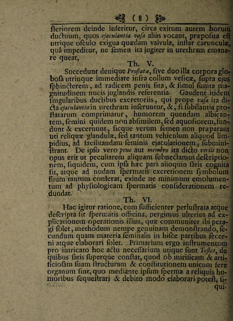 i»i i i ■ ■ -i -i . >• ■'• i111 • Aeriorem deinde inferitur, circa exitum autem horum ducfuum, quos ejaculantia vaja alias vocant, prapofita eft utrique ofculo exigua quaedam valvula, inflar carunculae, qua impeditur, ne femen ita jugiter in urethram emana¬ re queat, ~ Th. v\ Succedunt denique Proftat<e,l\vc duo illa corpora glo- bofeutrinque immediate infra collum veficse, fupra ejus (phinfterem, ad radicem penis fita, & fimul fumta ma¬ gnitudinem nucis juglandis referentia. Gaudent itidem lingularibus dudibus excretoriis , qui prope vaja ita di- ejaculantia m urethram inferuntur, &, fi fubfiantia pro¬ flatarum comprimatur, humorem quendam albican¬ tem, femini quidem non abfimilem, fed aquofiorem,fun- dunt & excernunt, ficque verum femen non praeparant uti reliqua glandula, fed tantum vehiculum aliquod lim¬ pidius, ad lacilitandam feminis ejaculationem, fubmini- flrant. De ipfo vero pene aut membro ita didto virili non opus erit ut peculiarem aliquam fubnedtamus deferiptio- nem, fiquidem, cum ipfe hac pars alioquin fatis cognita iit, atque ad nudam fpermatis excretionem fymbolum fuum tantum conferat, exinde ne minimum emolumen¬ tum ad phyfiologicam fpermatis confiderationem re¬ dundat. ’ f Th. VT. Hac igitur ratione, cum fufficicnter perluftrata atque deferipta lit fpermatis officina, pergimus ulterius ad ex¬ plicationem operationis illius, qua communiter ibi pera¬ gi folet,methodum nempe genuinam demonftrando,fe« eundum auatn materia feminalis in hifee partibus fecer- ni atque elaborari folet. Primarium ergo inftrumentum pro intricato hoc a&u neceffarium utique funt tefte/, de quibus fetis fuperque conflat, quod ob mirificam & arti-? ficiofem fuam ftrudturam & conflitutionem unicum fere organum fint, quo mediante ipfum fperma a reliquis hu¬ moribus fequeltrari & debito modo elaborari poteft, fi-