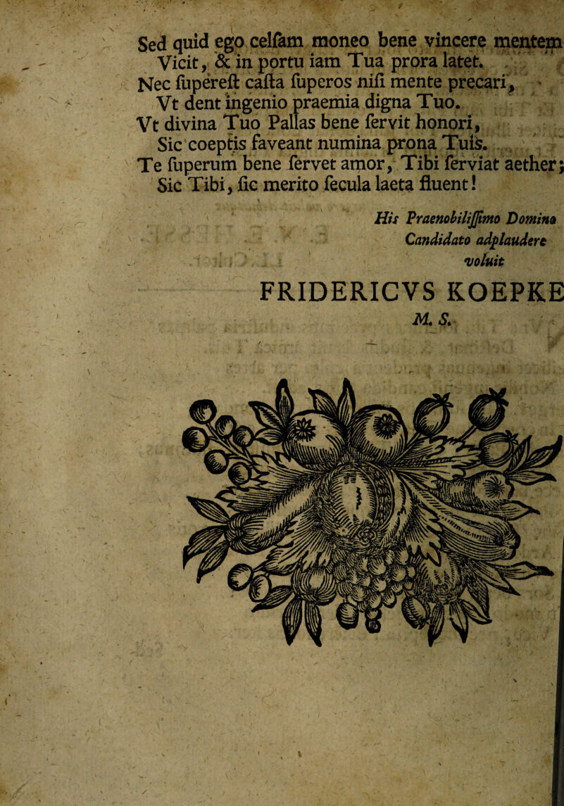 Sed quid ego celfam moneo bene vincere mentem Vicit, & in portu iam Tua prora latet. Nec fupereft cafta fuperos niii mente precari, Vt dent ingenio praemia digna Tuo. Vt divina Tuo Pallas bene fervit honori, Sic coeptis faveant numina prona Tute. ,, 7  Te fuperum bene fervet amor, Tibi ferviat aether; Sic Tibi, fic merito fecula laeta fluent! . ^ • ;*• ',v - * , ~ 1 His PraenobiliJJimo Domina Candidato adf lauder & voluit FRIDERICVS KOEPKE M. S. /