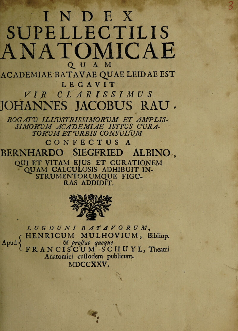 INDEX SUPELLECTILIS ANATOMICAE QUAM ACADEMIAE BATAVAE QUAE LEIDAE EST LEGAVIT VI R CLARISSIMUS JOHANNES JACOBUS RAU. ROGATU ILLUSTRISSIMORUM ET AMPLIS. SIMORUM AC AU E MIAE ISTIUS CURA¬ TORUM ET URBIS CONSULUM CONFECTUSA BERNHARDO SIEGFRIED ALBINO , QUI ET VITAM EJUS ET CURATIONEM QUAM CALCULOSIS ADHIBUIT IN- STRUMENTORUMQUE FIGU¬ RAS ADDIDIT. LUGDUNI BATAVORUM, HENRICUM MULHOVIUM , Bibliop. FRANCISCUM SCHUYL, Theatri Anatomici cuftodem publicum. MDCCXXV.