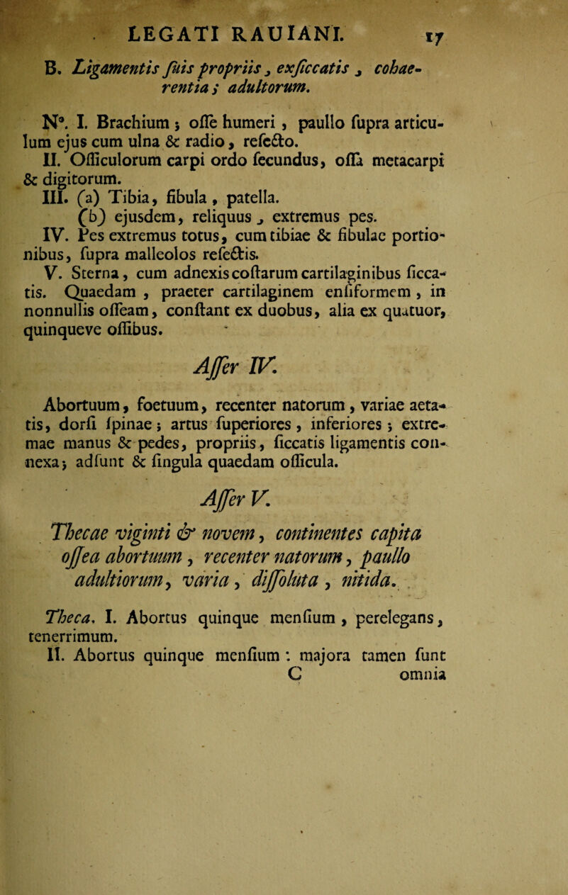 v? B. Ligamentis fkis propriis j exjiccatis , cohae¬ rentia > adultorum. N°. I. Brachium > ofle humeri, paullo fupra articu¬ lum ejus cum ulna & radio, refcfto. II. Ofiiculorum carpi ordo fecundus, offa metacarpi & digitorum. III. (a) Tibia, fibula , patella. (b) ejusdem, reliquus j extremus pes. IV. Pes extremus totus, cum tibiae & fibulae portio* nibus, fupra malleolos refeftis. V. Sterna, cum adnexis coftarum cartilaginibus ficca* tis. Quaedam , praeter cartilaginem enfiformem , in nonnullis o fleam, conflant ex duobus, alia ex quutuor, quinqueve ofiibus. Afer IV. Abortuum, foetuum, recenter natorum, variae aeta¬ tis , dorfi /pinae; artus fuperiores, inferiores extre¬ mae manus Se pedes, propriis, ficcatis ligamentis con¬ nexa; adfunt 8c fingula quaedam oflicula. Afer V. Thecae viginti & novem, continentes capita ofea abortuum, recenter natorum, paullo adultiorum, varia, difoluta, nitida. Theca. I. Abortus quinque menfium , perelegans, tenerrimum. II. Abortus quinque menfium: majora tamen funt C omnia 1
