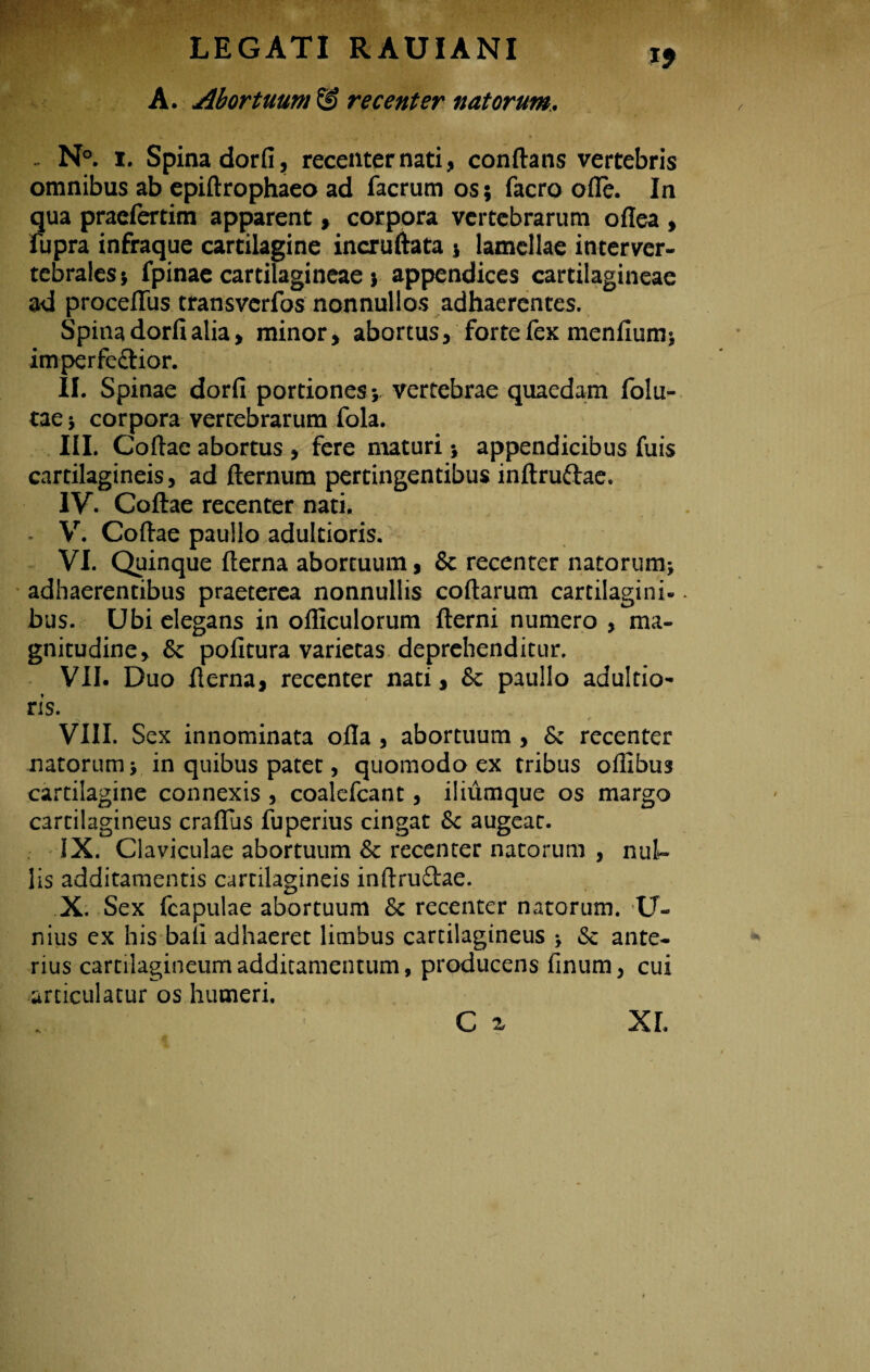 A. Abortuum & recenter natorum. - N°. i. Spina dorfi, recenter nati, conftans vertebris omnibus ab epiftrophaeo ad facrum os; facro ofle. In qua praefertim apparent, corpora vertebrarum oflea , fupra infraque cartilagine incruftata ; lamellae interver¬ tebrales; fpinae cartilagineae; appendices cartilagineae ad proceffus transverfos nonnullos adhaerentes. Spina dorfi alia , minor, abortus, forte fex menfium; imperfe&ior. II. Spinae dorfi portiones;, vertebrae quaedam folu- tae; corpora vertebrarum fola. III. Cofiae abortus , fere maturi; appendicibus fuis cartilagineis, ad fternum pertingentibus inftruftae. IV. Coftae recenter nati. - V. Coftae pauIlo adultioris. VI. Quinque fterna abortuum, & recenter natorum; adhaerentibus praeterea nonnullis coftarum cartilagini¬ bus. Ubi elegans in olliculorum fterni numero , ma¬ gnitudine, fk pofitura varietas deprehenditur. VII. Duo fierna, recenter nati, & paullo adultio¬ ris. VIII. Sex innominata ofla , abortuum , & recenter natorum; in quibus patet, quomodo ex tribus oflibus cartilagine connexis , coalefcant, iliumque os margo cartilagineus craflus fuperius cingat Sc augeat. IX. Claviculae abortuum & recenter natorum , nul~ lis additamentis cartilagineis inftruftae. X. Sex fcapulae abortuum &c recenter natorum. U- nius ex his baii adhaeret limbus cartilagineus ; ante¬ rius cartilagineum additamentum, producens finum, cui articulatur os humeri. C ^ XI