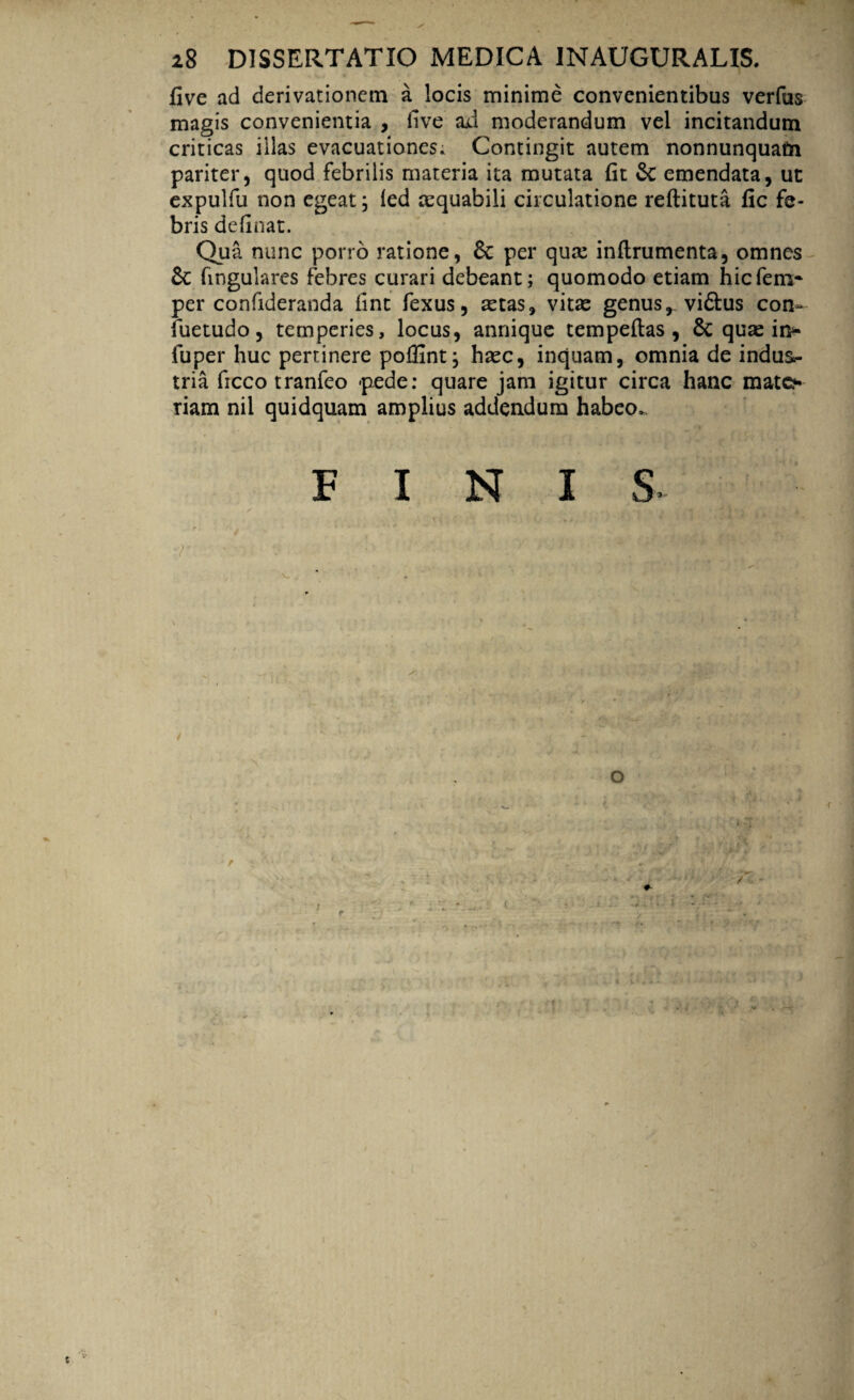 live ad derivationem a locis minime convenientibus verfus magis convenientia , five au moderandum vel incitandum criticas illas evacuationes. Contingit autem nonnunquafn pariter, quod febrilis materia ita mutata (it & emendata, ut expulfu non egeat; led aequabili circulatione reftituta fic fe¬ bris definat. Qua nunc porro ratione, Sc per qua: inftrumenta, omnes Sc fmgulares febres curari debeant; quomodo etiam hic feni* per confideranda iint fexus, aetas, vitae genus, vi&us con- fuetudo, temperies, locus, annique tempeftas , & quse in* fuper huc pertinere poffint; hicc, inquam, omnia de indus.- tria ficcotranfeo pede: quare jam igitur circa hanc mato riam nil quidquam amplius addendum habeo*. FINI S -r - . v : ; / ■ * ' ; - . O I t