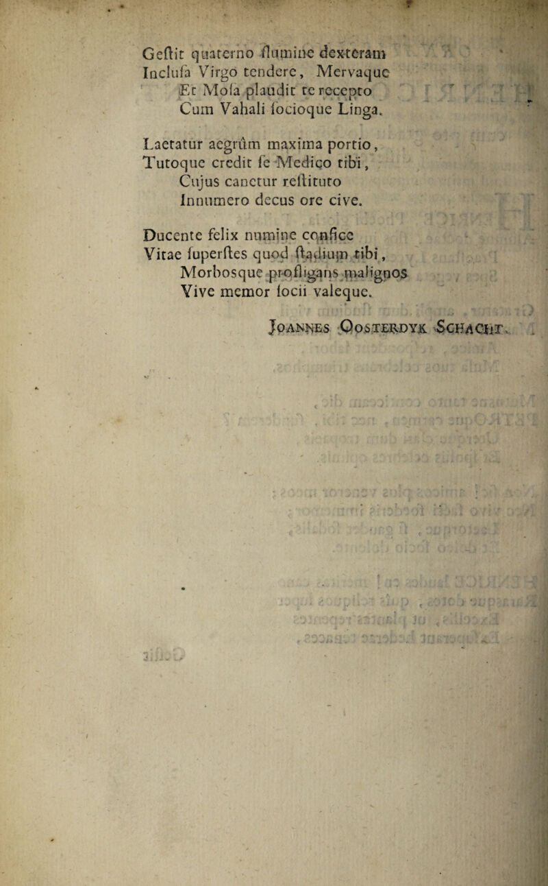 Geftit quaterno flumine dexteram Inclufa Virgo tendere, Mervaquc Et Mola plaudit te recepto Cum Vahali iocioque Linga. Laetatur aegrum maxima portio, Tutoque credit fe Medico tibi, Cujus canetur reftituto Innumero decus ore cive. Ducente felix numine confice Vitae fuperftes quod ftadiup tibi. Morbosque profligans malignos Vive memor iocii valeque. | f * r 1'tt p f f 'T* , V ,* • • • • / JOANISES OoSTERDYK < SCHACllT,