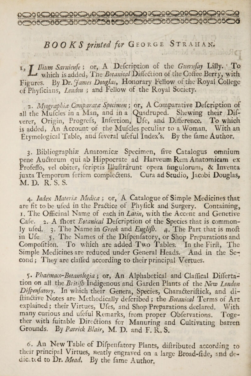 BOOKS printed fir George $ t k. ah a n. s> J Ilium Sarnienfe; or, A Defcription of the Guernfay Lilly. ' To JLf which is added- The Botanical Difledion of the Coffee Berry, with Figures. By Dr. James Douglas, Honorary Fellow of the Royal College of Phyficians, London '■> and Fellow of the Royal Society. ■2, Myographies Comparata Specimen; or, A Comparative Defcription of all the Mufcles in a Man, and in a Quadruped. Shewing their Dif- verer, Origin, Progrefs, Infertion, Ufe, and Difference. To which is added, An Account of the Mufcles peculiar to a Woman. With an Etymological Table, and feveral ufeful Indexes. By the fame Author, 3. Bibliographic Anatomies Specimen, five Catalogus omnium pene Audorum qui ab Hippocrate ad Harveum Rem Anatomicam ex Profefib, vel obiter, fcriptis Illuffrarunt opera fingulorum. Sc Inventa juxta Temp or urn feriem compledens. Cura ad Studio, Jacobi Douglas* M. D. R. S. S. 4. Index Materia Medica ; or, A Catalogue of Simple Medicines that are fit to be ufed in the Pradice of Phyfick and Surgery. Containing, 1. The Officinal Name of each in Latin, writh the Accent and Genetive Cafe. 2. A fhort Botanical Defcription of the Species that is common¬ ly ufed. 3. The Name in Greek and Englijlo. 4. The Part that is moll in Ufe 5. The Names of the Difpenfatory, or Shop Preparations and Compofition. To which are added Two Tables. In the Firff, The Simple Medicines are reduced under General Heads. And in the Se~ cond; They are claffied according to their principal Vertues. 5. Pharmaco-Botanologia ,* or. An Alphabetical and Clafilcal Differta- tion on all the British Indigenous and Garden Plants of the New London Difpenfatory. In which their Genera, Species, Charaderiftick, and di- ffindive Notes are Methodically defcribed ; the Botanical Terms of Art explained ; their Virtues, Ufes, and Shop Preparations declared. With many curious and ufeful Remarks, from proper Obfervations. Toge¬ ther with fuitable Diredions for Manuring and Cultivating barren Grounds, By Patrick Blair, M. D. and F. R. S. 0. An New Table of Difpenfatory Plants, diffributed according to their principal Virtues, neatly engraved on a large Broad-fide, and de¬ dicated to Dr. Mead* By the fame Author,