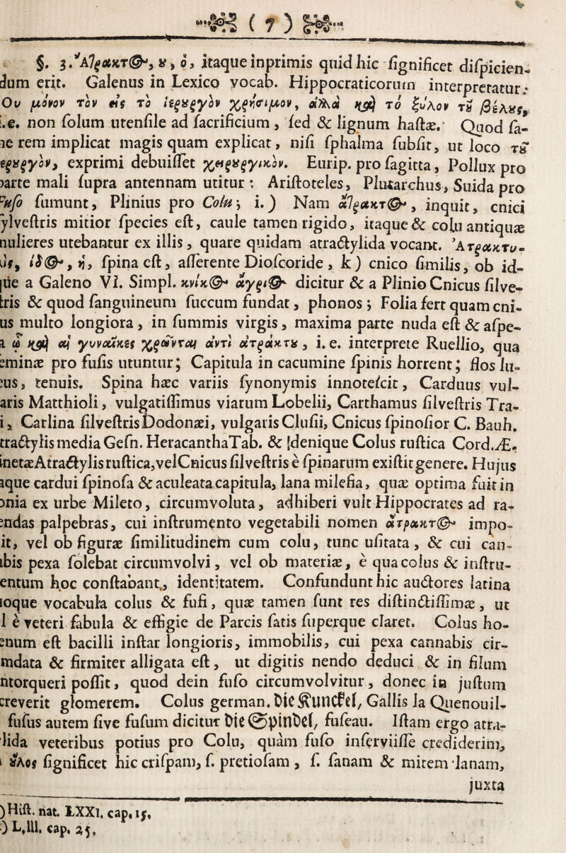 §. s/Al^otKT^yif ,0, itaque inprimis quid hic iignificet difpicien- [Jum erit. Galenus in Lexico yocab. Hippocraticoriun interpretatur.* Ov fA0¥0V rh «f TO ii^a^yh hp) to ^J\o¥ t» /SeAsff*, i.e. non folum iirenfile ad facrificium , fed & lignum haft^. Quod fa- le rem implicat magis quam explicat, nifi fphalma fubfit^ ut loco ^a^yh^ exprimi debuiflet Eurip. pro fagitta, Pollux pro )arte mali iupra antennam utitur : Ariiloteles, Plutarchus^ Suida pro “ufo fumunt, Plinius pro Coky i.) Nam ^ inquit, cnici ylveftris mitior fpecies eft, caule tamen rigido, itaque & cobantiqux nulieres utebantur ex illis, quare quidam atradlylida vocant. ^At^uktu-^ uf, fpinacft, alTerente Diofcoride, k) cnico hmilis, ob id- [lie a Galeno VI. Simpl. kvIk<^ ay^iQ^ dicitur & a Plinio Cnicus /ilve- tris & quod fanguineiim fuccum fundat, phonos ; Folia fert quam cni- us multo longiora, in fummis virgis, maxima parte nuda eft &:afpe- 1 w «/ y^voum «vt) , i. e. interp'eie Ruellio, qua sminae pro fufis utuntur; Capitula in cacumine fpinis horrent; Hos lu» ?us, tenuis. Spina haec variis fynonymis innotelcic. Carduus vul- aris Matthioli, vulgatiftimus viarum Lobelii, Carthamus hlveftris Tra- i, Carlina filveftrisDodonaei, vulgarisClufii, Cnicus fpinohor C. Bauh. tradlylis media Gefn. HeracanthaTab, & [denique Colus ruftica Cord,^- InetaeAtratSylisrufticajVelCnicusfilveftris e (pinarum exiftitgenere. Hujus ique cardui (pinofa & aculeata capitula, lana milefia, quae optima fuit in mia ex urbe Mileto, circumvoluta, adhiberi vult Hippocrates ad ra- mdas palpebras, cui inftrum^nto vegetabili nomen impo- it, vel ob figurae fimilitudinein cum colu, tunc ufitata, Sc cui can- ibis pexa folebat circumvolvi, vel ob materiae, e qua colus Sc inftru- entum hoc conftabant,, identitatem. Confundunt hic audores latina loque vocabula colus & fufi, quae tamen funt res diftindliftim^, ut 1 e veteri fabula dc eftigie de Parcis fatis fiiperque claret. Colos ho¬ rnum eft bacilli inftar longioris, immobilis, cui pexa cannabis cir- mdata & firmiter alligata eft, ut digitis nendo deduci, & in filum ntorqueri poffit, quod dein fiifo circumvolvitur, donec in juftum creverit glomerem. Colus german. DiC^UnCfel, Gallis Ja Qiienouil- fufus autem five fufum dicitur Mc@pin5c(/ fufeau. Iftam ergo atra- Hda veteribus potius pro Colu, quam fufo inferviifte crediderim, i 5?Acj fignificet hic crifpam, f. pretiofam , f. fanam 3c mitem danam, _ _ juxta )Hvft. liat. LXXi. cap, u, )L,IU. cap, ^5.