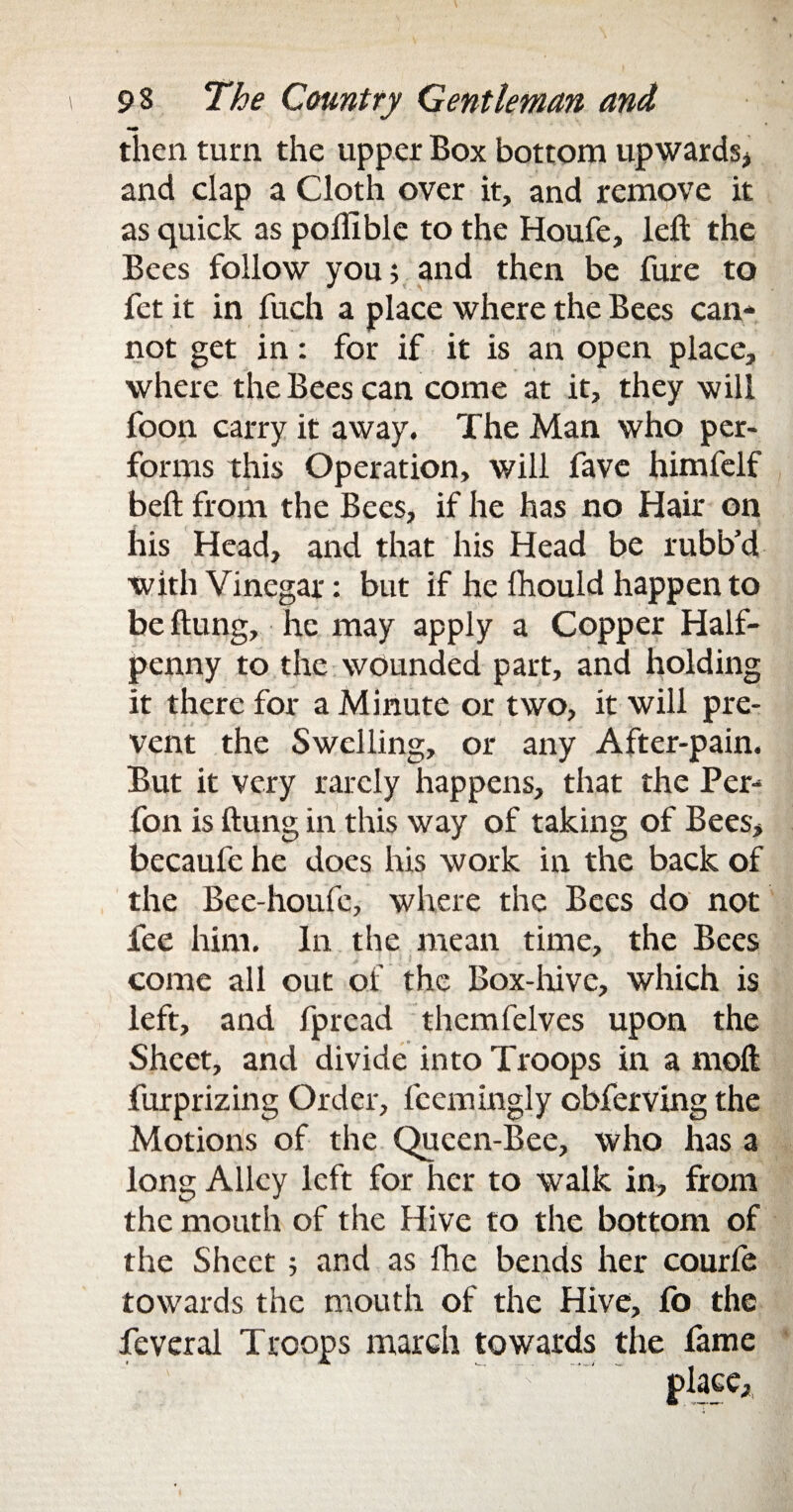 then turn the upper Box bottom upwards* and clap a Cloth over it, and remove it as quick as pofliblc to the Houfe, left the Bees follow you; and then be fure to fet it in fuch a place where the Bees can¬ not get in: for if it is an open place, where the Bees can come at it, they will foon carry it away. The Man who per¬ forms this Operation, will fave himfelf belt from the Bees, if he has no Hair on his Head, and that his Head be rubb’d with Vinegar: but if he Ihould happen to beftung, he may apply a Copper Half¬ penny to the wounded part, and holding it there for a Minute or two, it will pre¬ vent the Swelling, or any After-pain. But it very rarely happens, that the Per- fon is ftung in this way of taking of Bees, becaufe he does his work in the back of the Bee-houfe, where the Bees do not fee him. In the mean time, the Bees come all out of the Box-hive, which is left, and fpread themfelves upon the Sheet, and divide into Troops in a moft furprizing Order, feemingly obferving the Motions of the Queen-Bee, who has a long Alley left for her to walk in, from the mouth of the Hive to the bottom of the Sheet ; and as fhe bends her courfe towards the mouth of the Hive, fo the feveral Troops march towards the fame