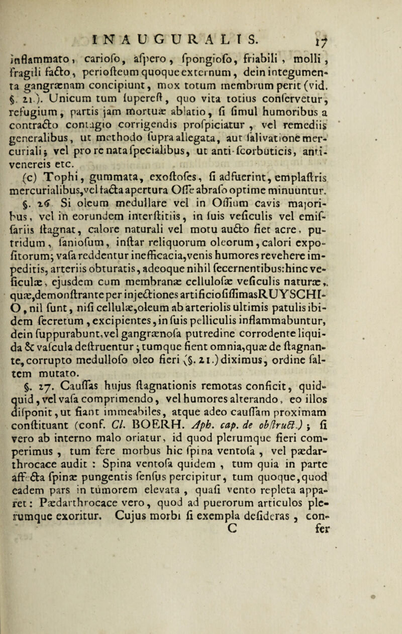 inflammato i cariofo, afpero , fpongiofo, friabili , molli, Fragili fa&o, periofteum quoqueexternum, deinintegumen* ta gangraenam concipiunt, mox totum membrum perit (vid. §. 21.). Unicum tum lupereft, quo vita totius confervetur, refugium, partis jam mortua: ablatio, (i fimul humoribus a contra&o contagio corrigendis profpiciatur , vel remediis generalibus, ut methodo lupraallegata, aut falivationemer- curiali j vel pro re natafpecialibus, ut antifcorbuticis, anti- venereis etc. (c) Tophi, gummata, exoftofes, fi adfuerint, emplaflris mercurialibus,vel ta&aapertura OfTe abrafo optime minuuntur. §. xtf Si oleum medullare vel in Oflium cavis majori¬ bus , vel in eorundem interftitiis, in luis veficulis vel emif- fariis llagnat, calore naturali vel motu au&o fiet acre, pu- rridum, faniofum, inftar reliquorum oleorum, calori expo¬ litorum; vafa reddentur inefficacia,venis humores revehere im¬ peditis, arteriis obturatis, adeoque nihil fecernentibusrhinc ve- ficulae, ejusdem cum membranas ccllulofie veficulis naturae*. qu2e,demonftrante per injectiones artificiofiflimasRUYSCHI- 0,nil funt, nifi cellulae,oleum ab arteriolis ultimis patulis ibi¬ dem fecretum , excipientes, in fuis pelliculis inflammabuntur, dein fuppurabunt,vel gangraznofa putredine corrodente liqui¬ da & vafcula deftruentur; tumque fient omnia,quae de ftagnan- te,corrupto medullofo oleo fieri (§. 2,1.) diximus, ordine fal- tem mutato. §. 27. Caufias hujus (lagnationis remotas conficit, quid- quid ,vcl vafa comprimendo, vel humores alterando, eo illos difponit,ut fiant immeabiles, atque adeo caudam proximam conftituant (conf. CL BOERH. rfph. cap. de obflruft.) ; fi vero ab interno malo oriatur, id quod plerumque fieri com- perimus , tum fere morbus hic fpina ventofa , vel psedar- throcace audit : Spina ventofa quidem , tum quia in parte aff £ta fpinae pungentis fenfqs percipitur, tum quoque,quod eadem pars in tumorem elevata , quafi vento repleta appa¬ ret : Paedarthrocace vero, quod ad puerorum articulos ple¬ rumque exoritur. Cujus morbi fi exempla defideras , con- C fer